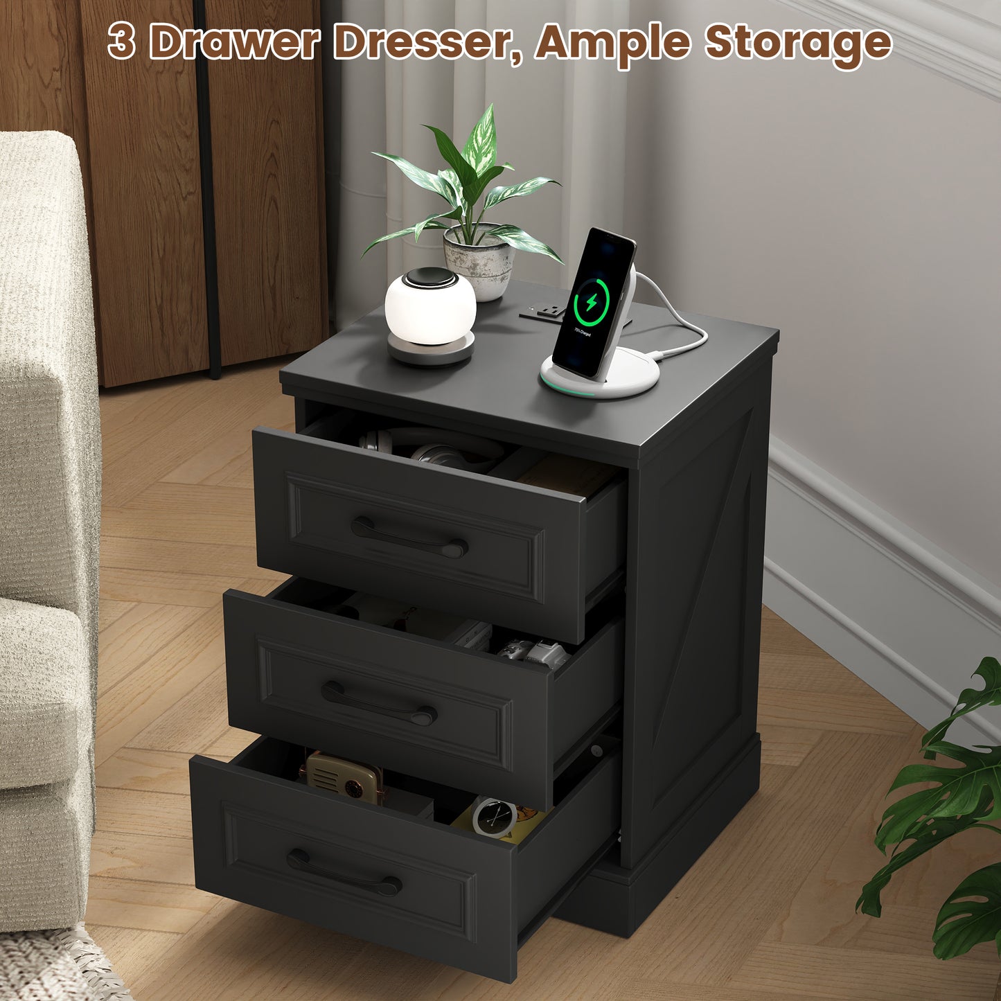 NEGYLIM 2-Piece Nightstand, Farmhouse End Table with Charging Station, 3 Drawers Storage for Bedroom