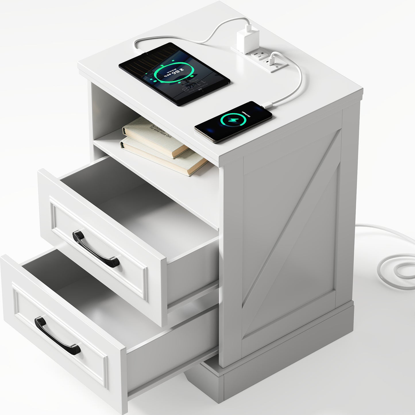 NEGYLIM Nightstand with Drawers for Bedroom, Farmhouse End Table with Charging Station, 2 Drawers Storage for Bedroom, White