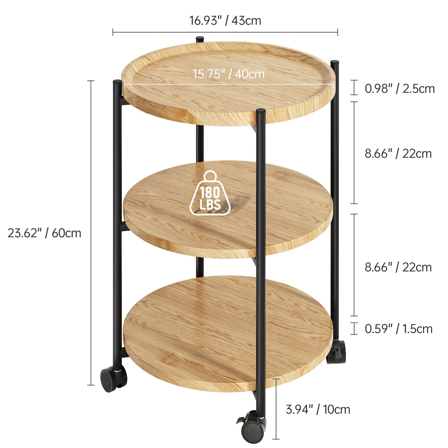 NEGYLIM End Side Table，Round Sofa Table with Metal Frame, 3-Tier Coffee Table Nightstand for Bedroom, Living Room, Nursery