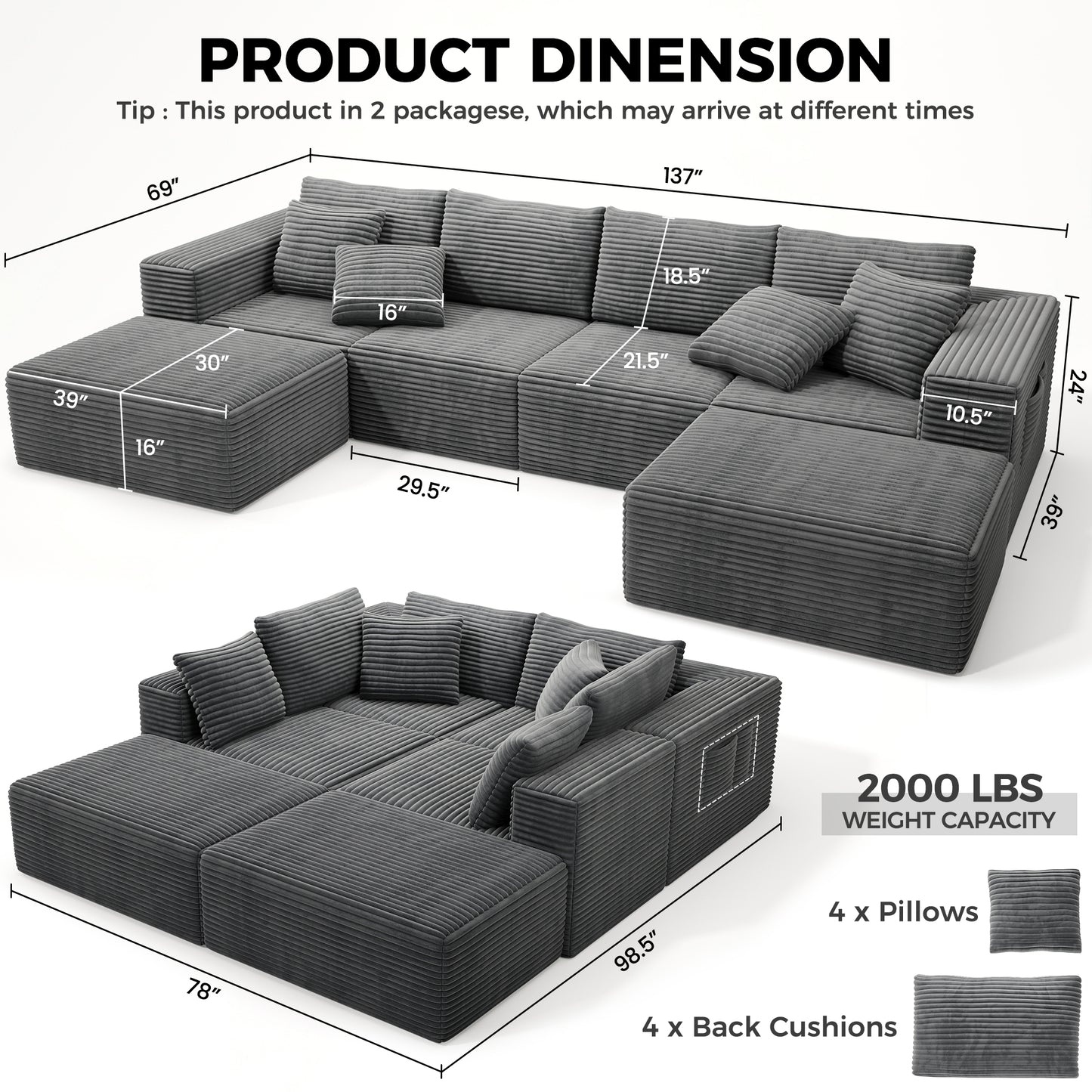137 Inch Charcoal Cloud Sectional Sofa forf living room , No Sagging Foam U-Shaped Modular Couch, Big Couch Includes 4 Back Cushions & 4 Pillows, No Assembly Required