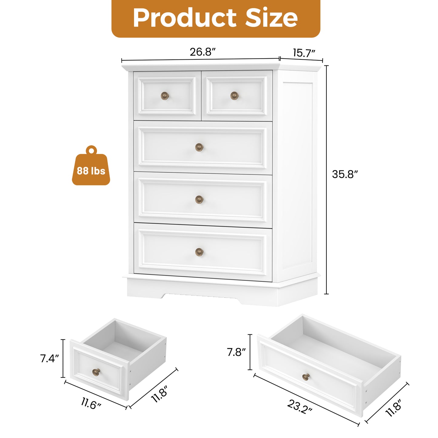 5 Drawer Dresser for Bedroom, Retro Style Chest of Drawers, 26.7"×15.7"×35.8" Wood Storage Dresser with Deep Drawers for Living Room, Hallway, Entryway, White