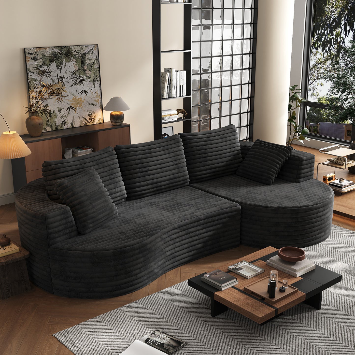 118" Curved Modular Cloud Couch, L-Shape Chaise Sectional Sofa with Plush Deep Seat, Soft Corduroy Upholstered Boneless Sofa for Living Room, No Assembly Needed, Black