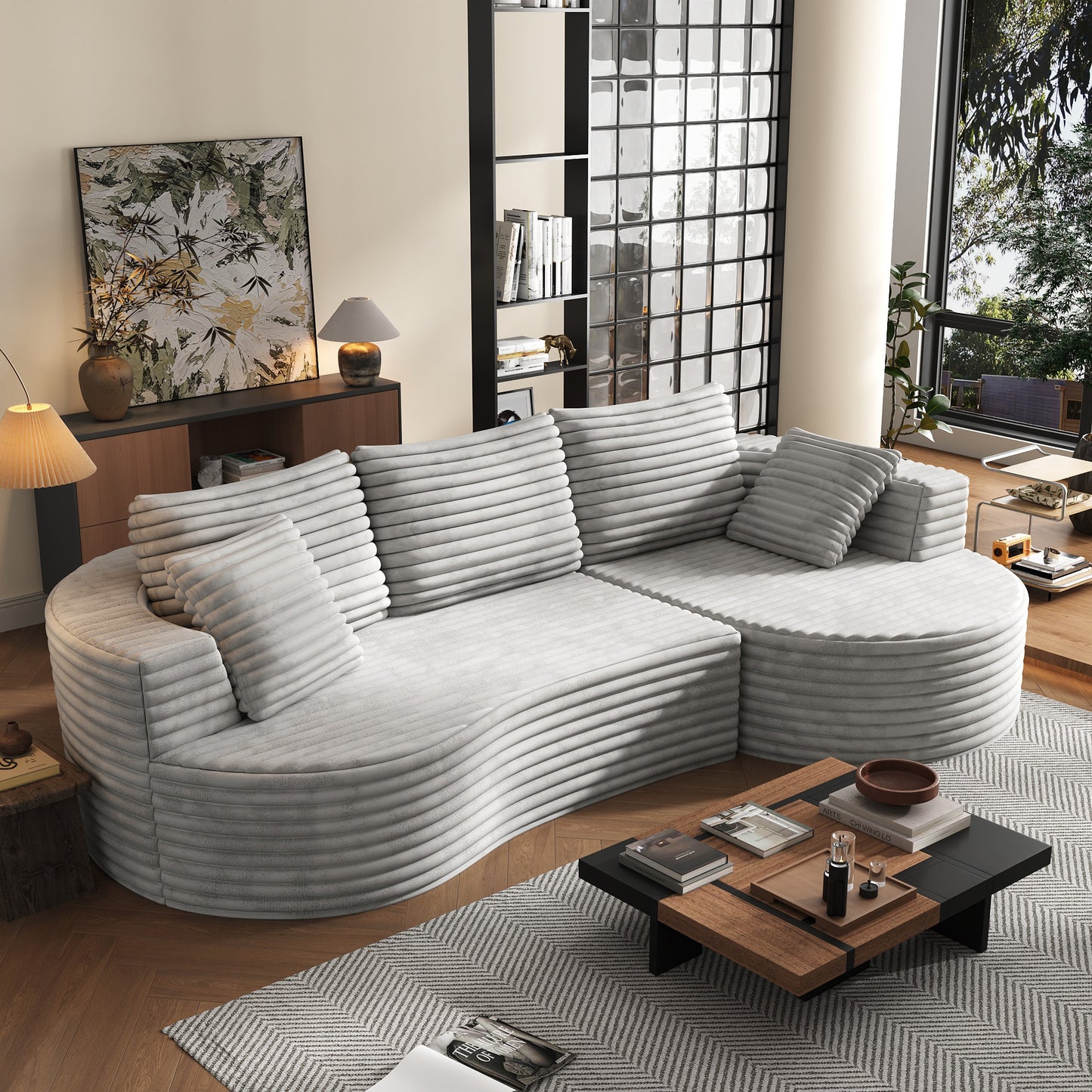 118” Round Curved Modular Sectional Sofa, Cloud Deep Seat Sectional Couch, Modern L-Shape Sofa with Chaise Lounge, Upholstered Boneless Curved Couches for Living Room(Deep Gray)