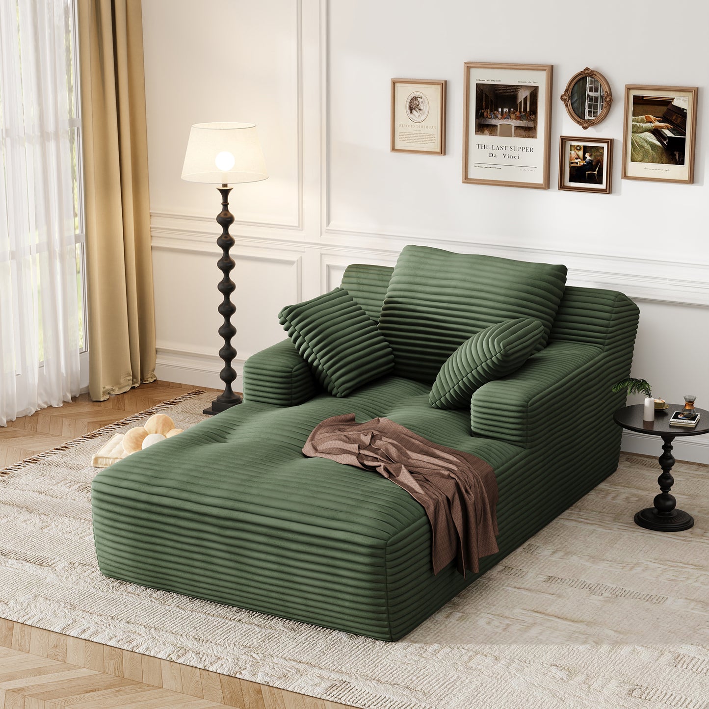 67'' Oversized Chaise Lounge Chair, Cloud Plush Corduroy Sofa Bed for Living Room, Modern Deep Seat Sleeper Couch with Back Cushion, No Assembly Required, (Sage Green)