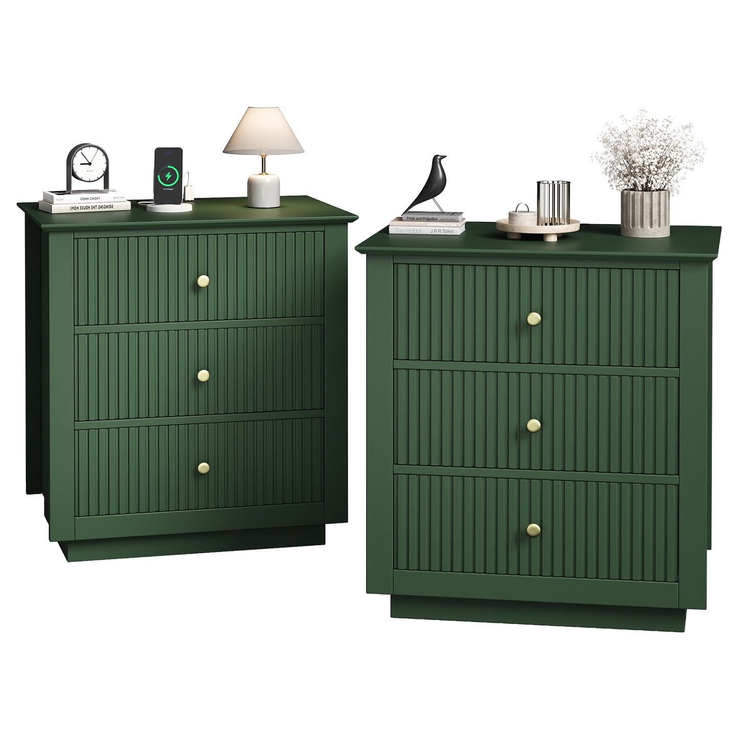 Modern Nightstand with Charging Station & 3 Drawers, 24 Inch Wide Bedside Table Set of 2 for Bedroom and Living Room, Large Storage End Table with Fluted Design, Green