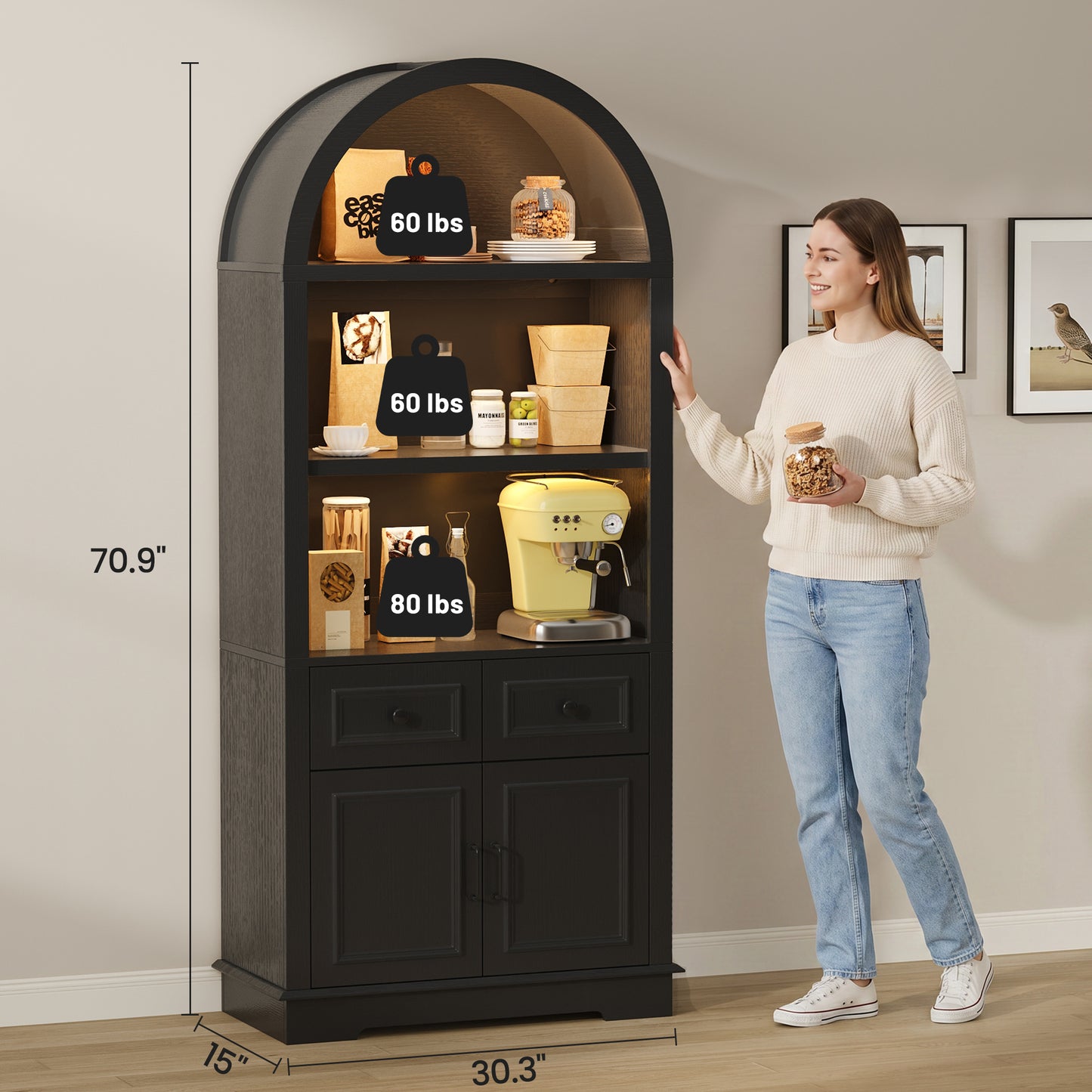Negylim Arched Top Coffee Bar Cabinet with LED Lights, Wooden Freestanding Beverage Storage Hutch with Open Shelves, 2 Drawers & Closed Cupboard for Kitchen Living Room Home Coffee Station, Black