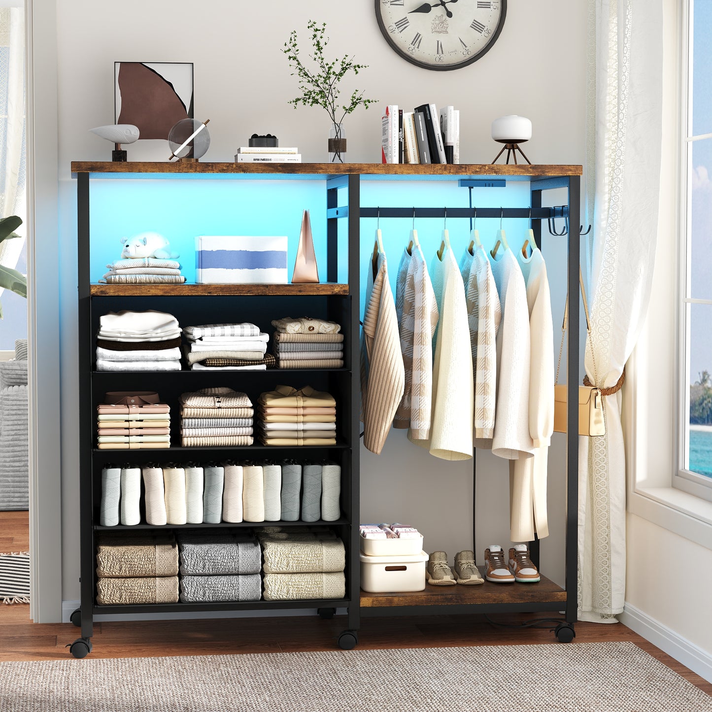 3-in-1 Dresser with Clothes Rack, 4 Drawers, Charging Station, LED Lights, and Wheels, Rustic Brown Storage Chest for Bedroom, Living Room, Hallway（Ember Brown）