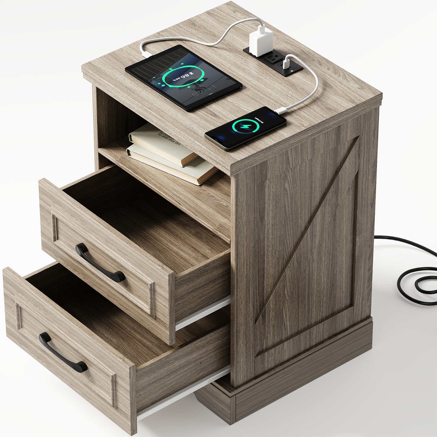 NEGYLIM 2-Piece Nightstand, Farmhouse End Table with Charging Station, 2 Drawers Storage for Bedroom