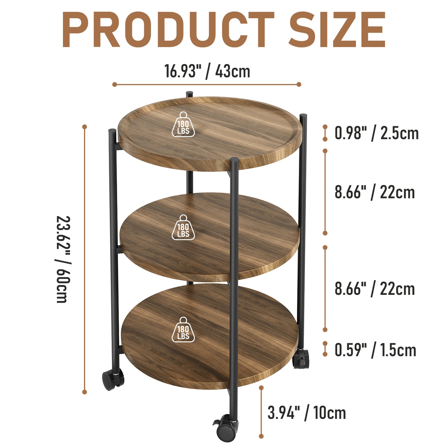 NEGYLIM End Side Table，Round Sofa Table with Metal Frame, 3-Tier Coffee Table Nightstand for Bedroom, Living Room, Nursery