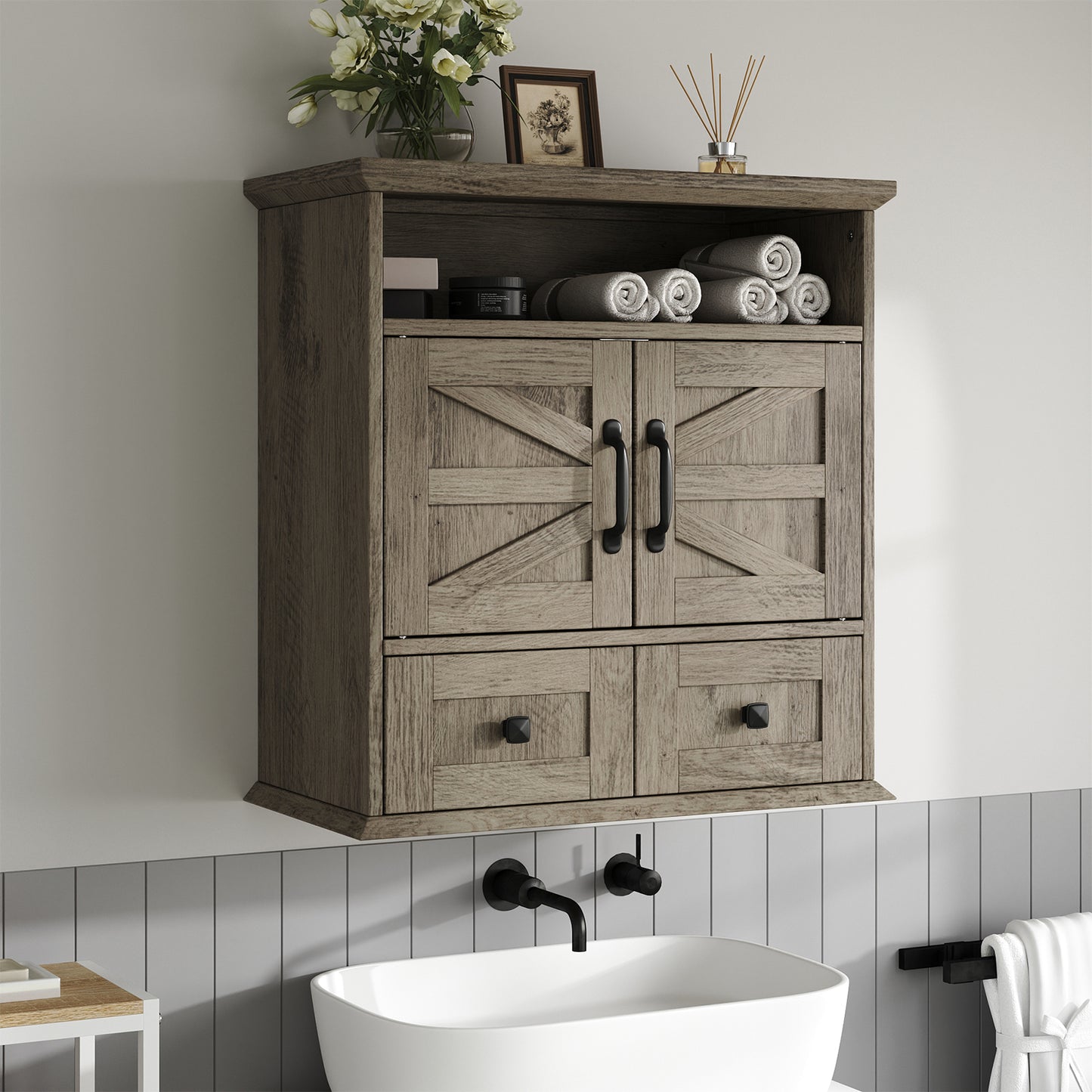 NEGYLIM Wall-Mounted Bathroom Cabinet with Barn Doors, Adjustable Shelf, 2 Drawers, Rustic Modern Style Storage Organizer for Toilet, Bathroom, Laundry Room