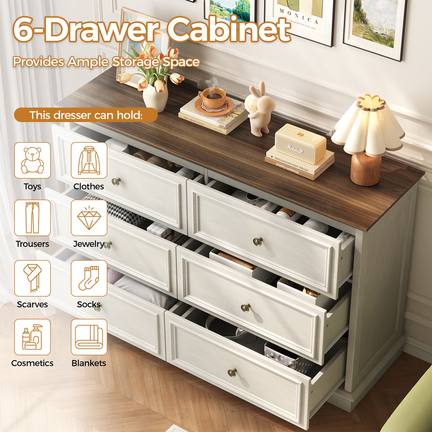 6 Drawer Dresser for Bedroom, 50.4" * 15.7" * 35.8" Retro Style Chest of Drawers, Wood Storage Double Dresser with Deep Drawers for Living Room, Hallway Entryway