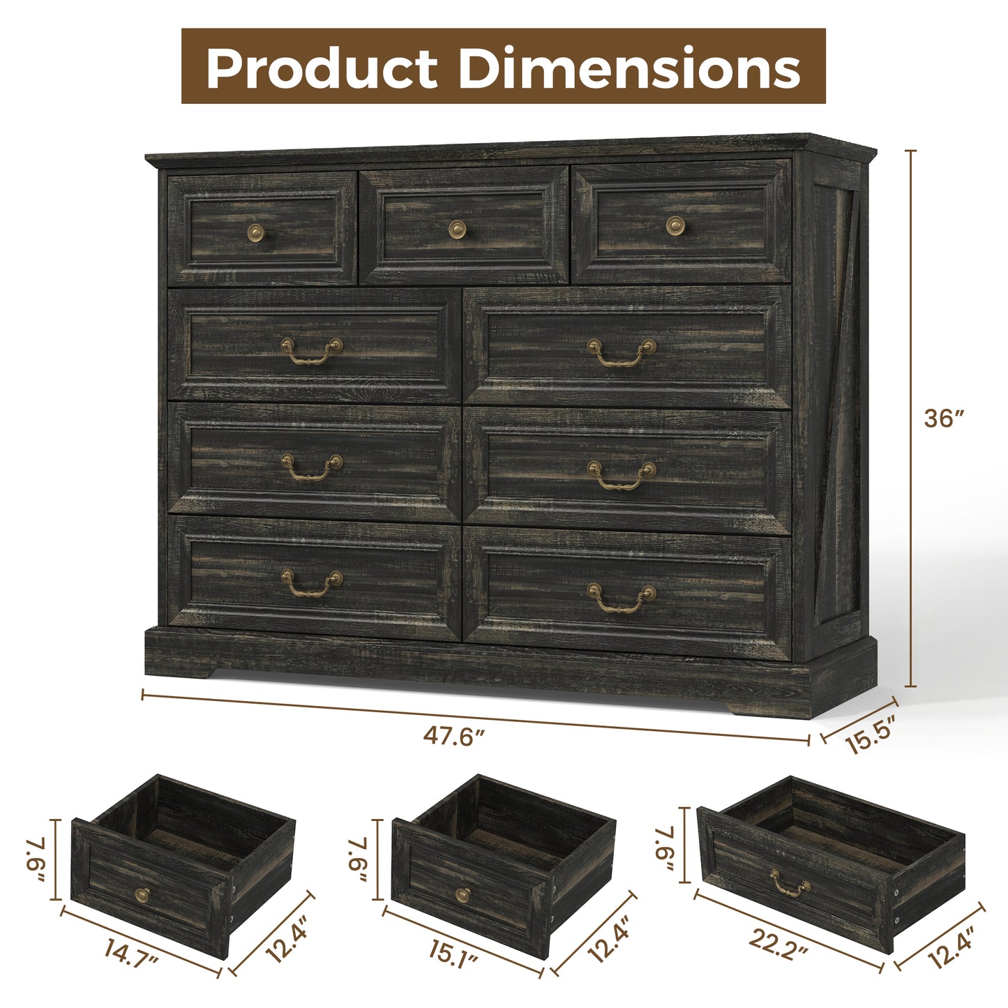 NEGYLIM 9 Drawers Dresser for Bedroom Dressers & Chest of Drawers with Vintage Handles,Long Wooden Dresser for Living Room,Hallway,Study(Dark Rustic Oak)