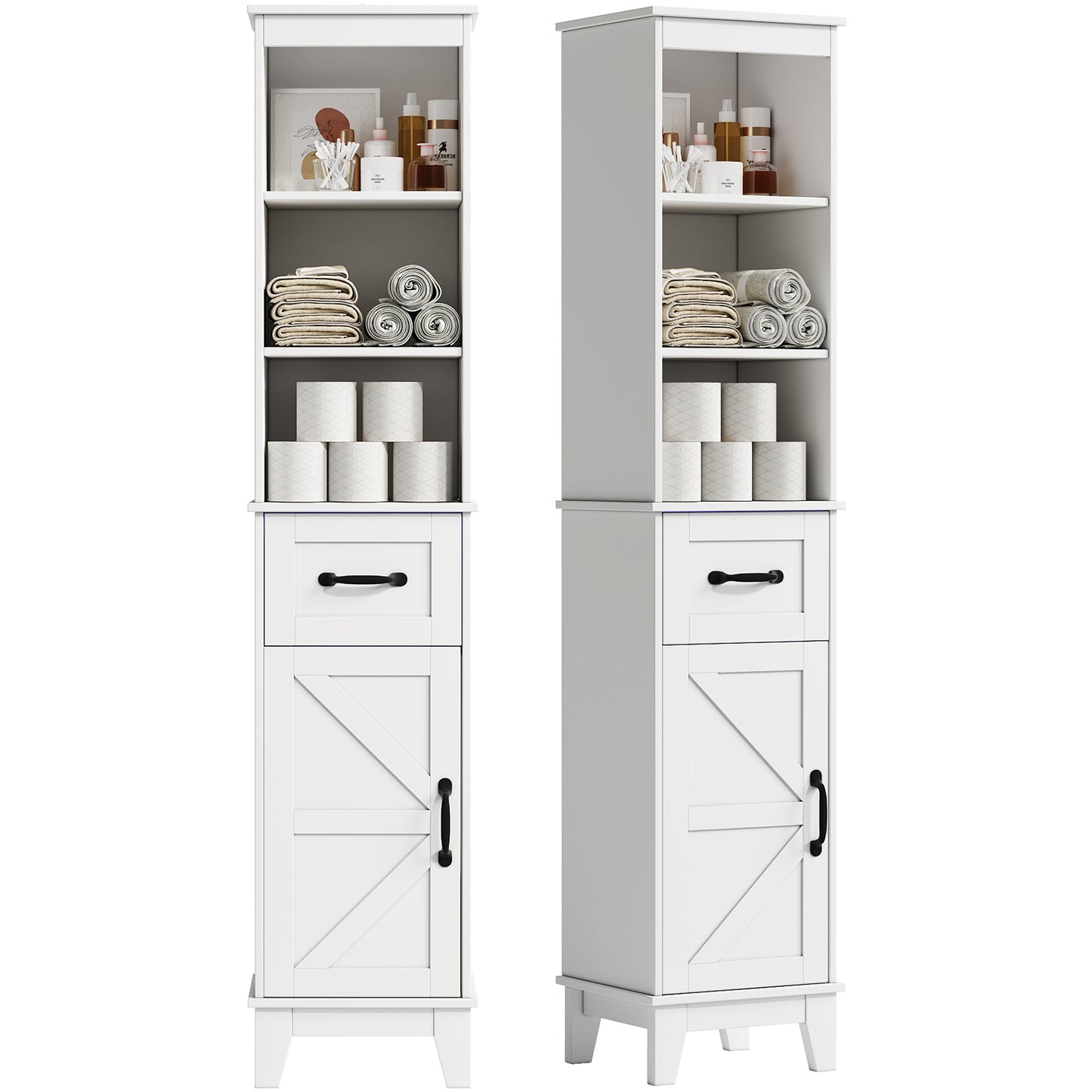 63” Tall Bathroom Storage Cabinet, Freestanding Linen Cabinet, Narrow Bathroom Storage with Barn Door and Drawer, White