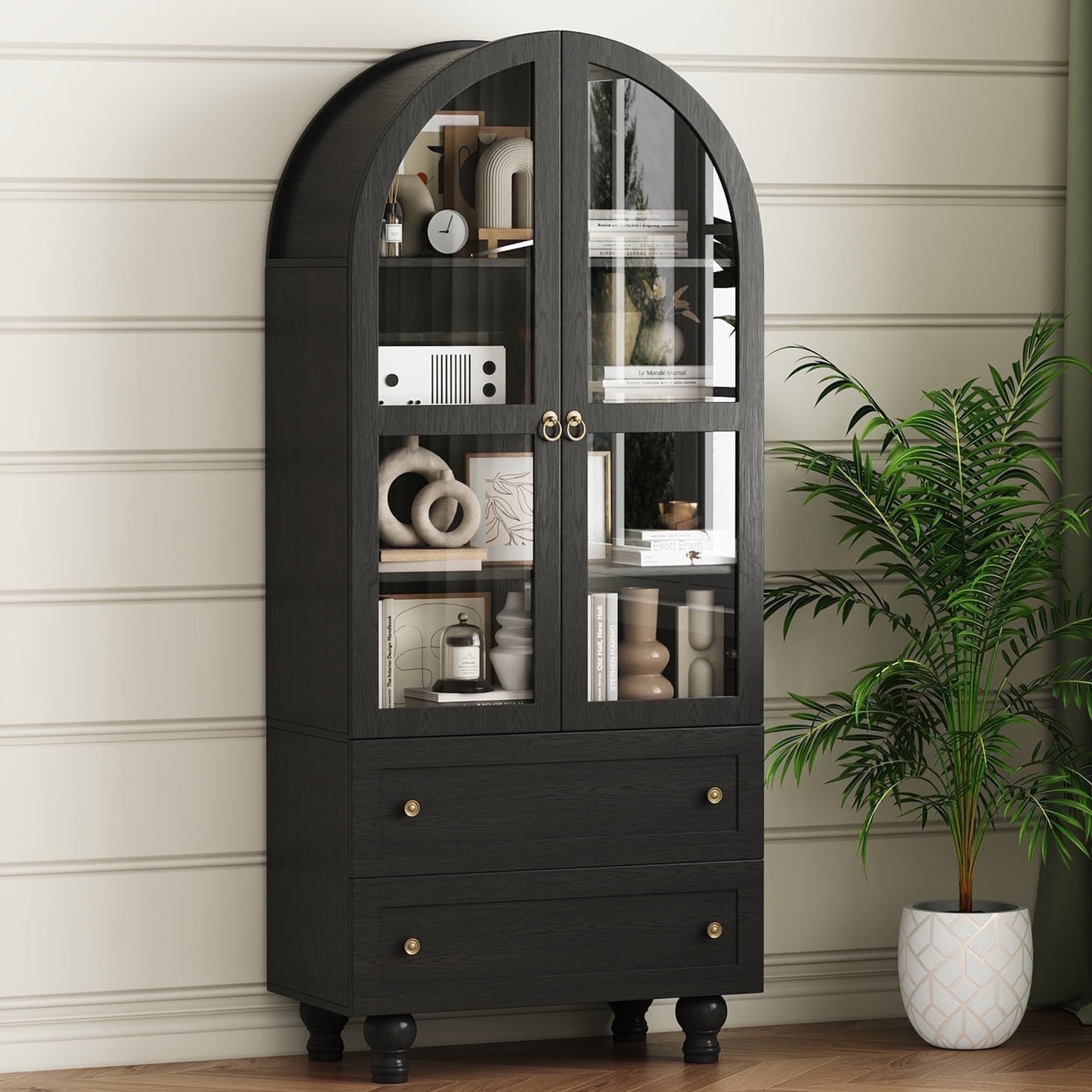 Arched Kitchen Pantry Cabinet & Display Cabinet with Glass Doors, 4 Shelves, 2 Drawers, Solid Wood Legs, 70.87 Inches in Height, Suitable for Kitchen, Bedroom and Living Room, for Easy Storage