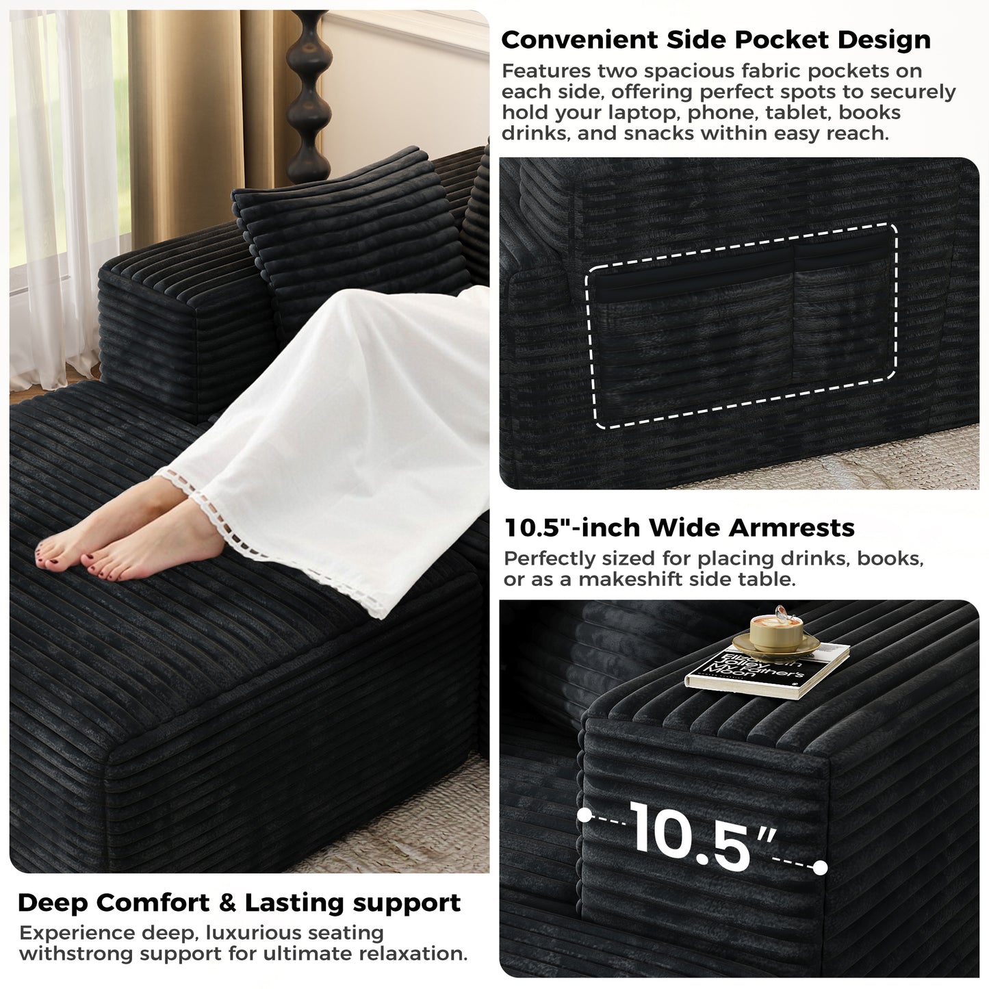 104" Modular L-Shaped Sectional Sofa with Chaise - No Assembly Required Boneless Corduroy Couch, High Resilience Foam, Deep Black