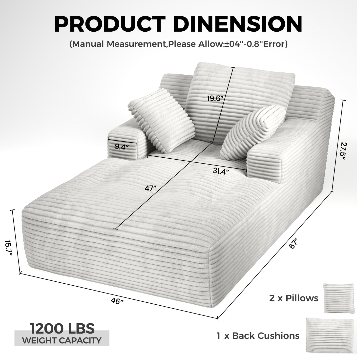 67'' Oversized Chaise Lounge Chair, Cloud Plush Corduroy Sofa Bed for Living Room, Modern Deep Seat Sleeper Couch with Back Cushion, No Assembly Required, (Oyster White)