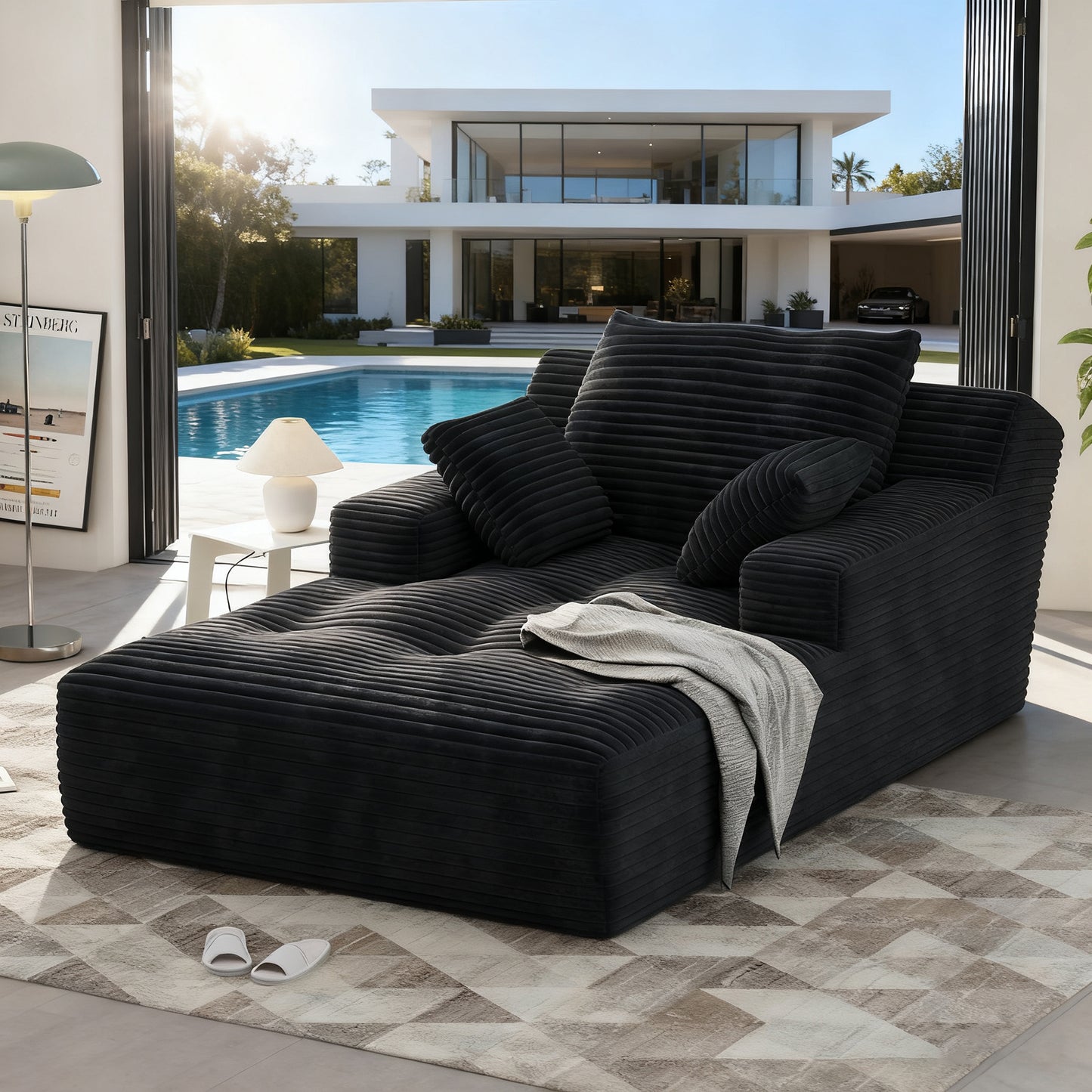 67'' Oversized Chaise Lounge Chair, Cloud Plush Corduroy Sofa Bed for Living Room, Modern Deep Seat Sleeper Couch with Back Cushion, No Assembly Required, (Deep Black)