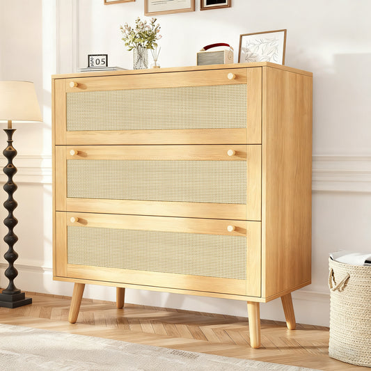 Farmhouse Rattan Dresser with 3 Drawers - Wooden Storage Chest for Bedroom, Living Room & Hallway, Vintage Style Organizer