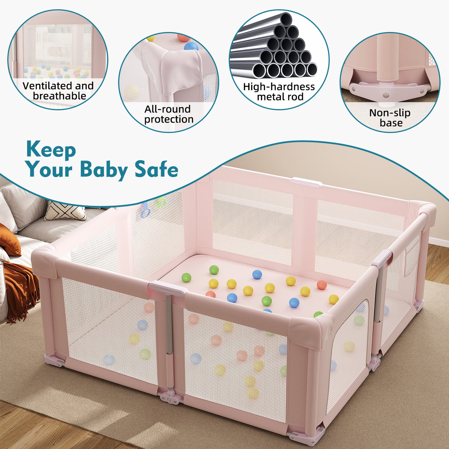 Baby Playpen 51" x 51", Play Pens for Babies and Toddlers Baby Fence Play Yards for Indoor & Outdoor with Breathable Mesh Anti-Fall Playpen, Pink