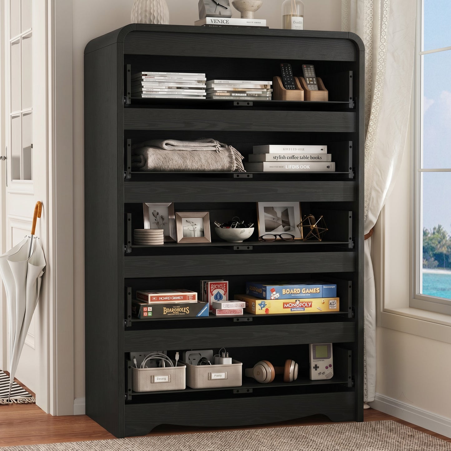 5 Drawer Tall Dresser – Modern Black Chest of Drawers with Anti-Tip, Space-Saving Storage for Bedroom, Hallway, Entryway (Black)