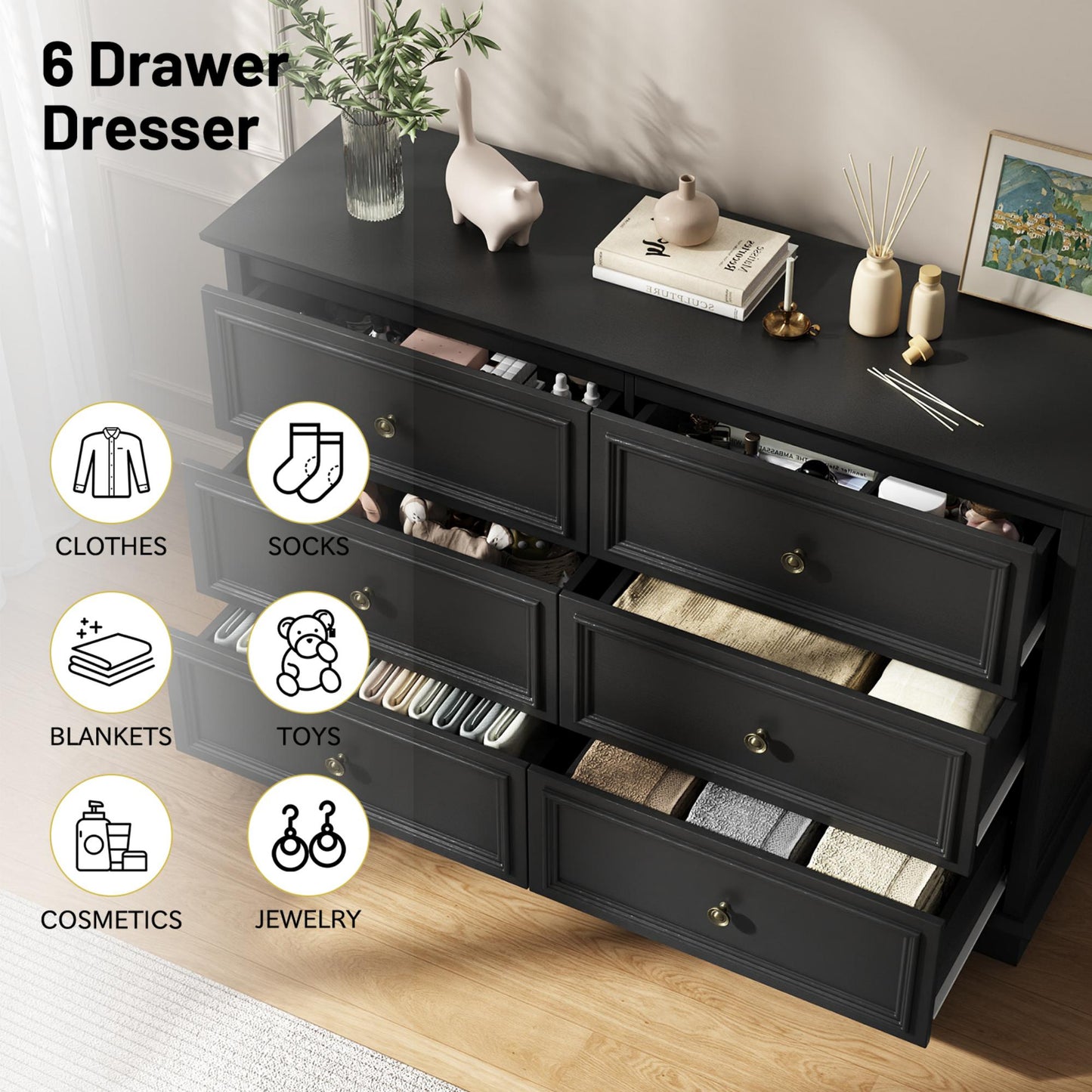 NEGYLIM 6 Drawer Dresser, Chest of Drawers for Bedroom, Modern Storage Cabinet Dresser Organizer Unit with Antique Bronze Round Handles for Living Room, Closet, Hallway, Entryway