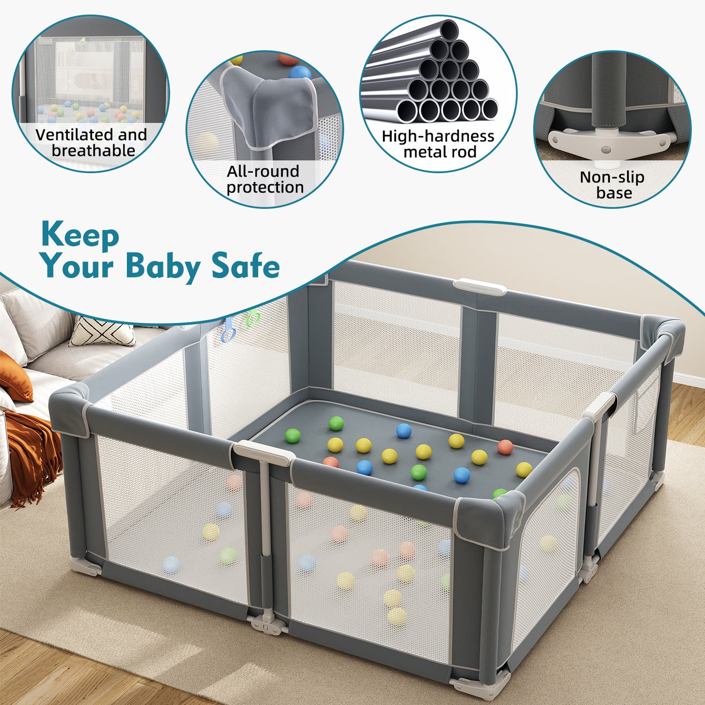 Baby Playpen 51" x 51", Play Pens for Babies and Toddlers Baby Fence Play Yards for Indoor & Outdoor with Breathable Mesh Anti-Fall Playpen, Gray