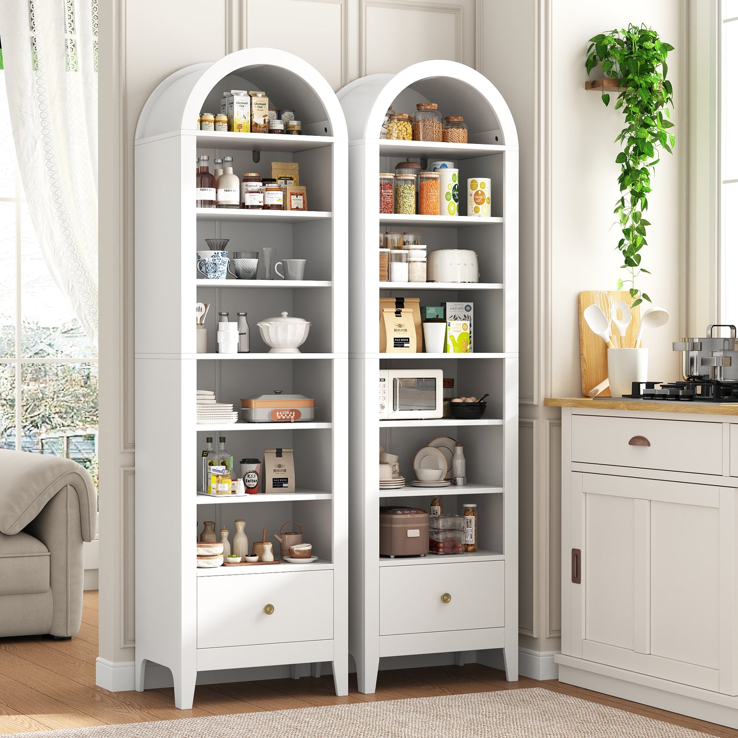 71" Tall Arched Storage Cabinet with Doors & Shelves – Multi-Purpose Pantry Cabinet for Kitchen, Bathroom, Living Room, Bedroom, Entryway & Office (White)