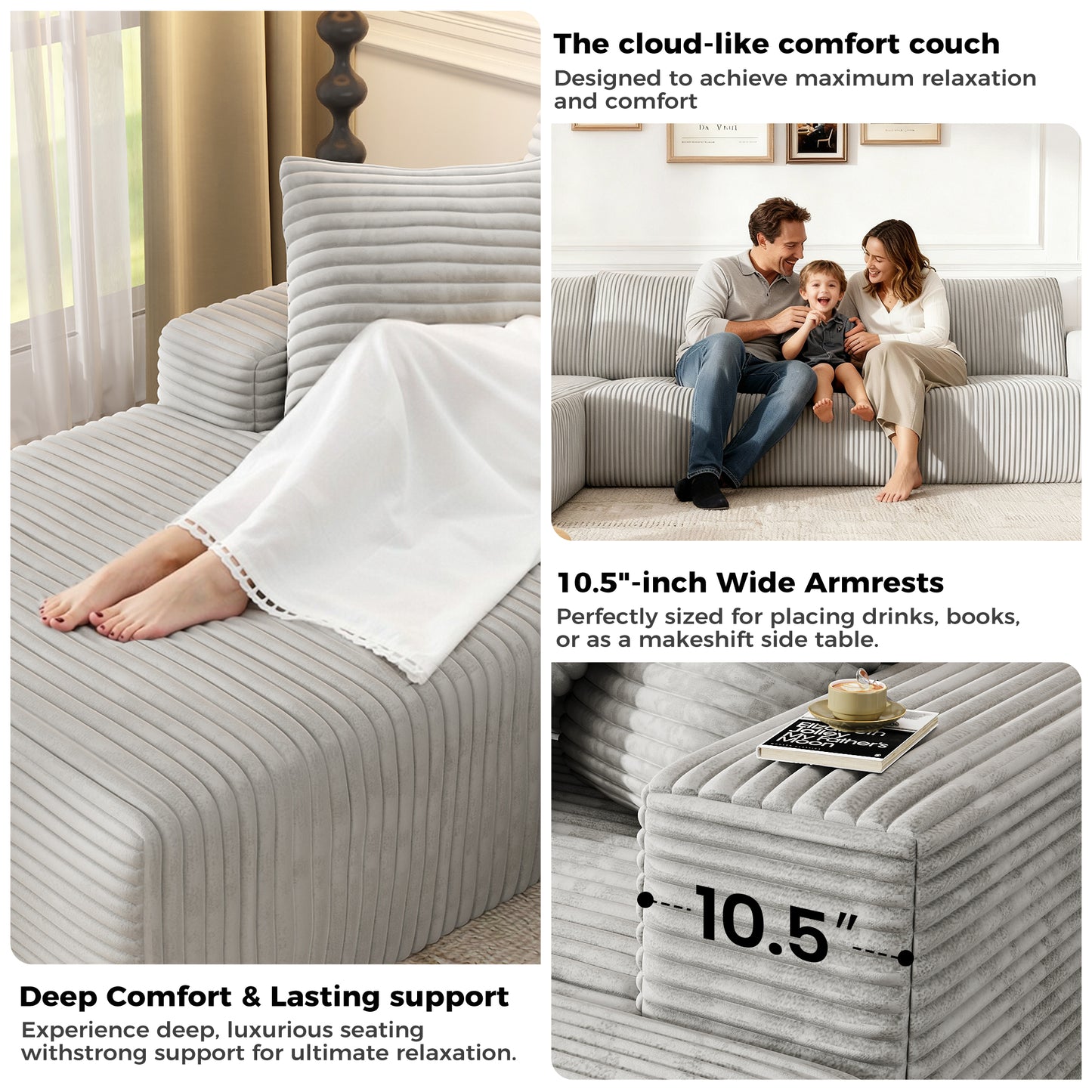 104" Modular L-Shaped Sectional Sofa, No Assembly Required Boneless Sofa with Chaise, High Resilience Foam & Corduroy Fabric, for Living Room Bedroom,(Oyster White)