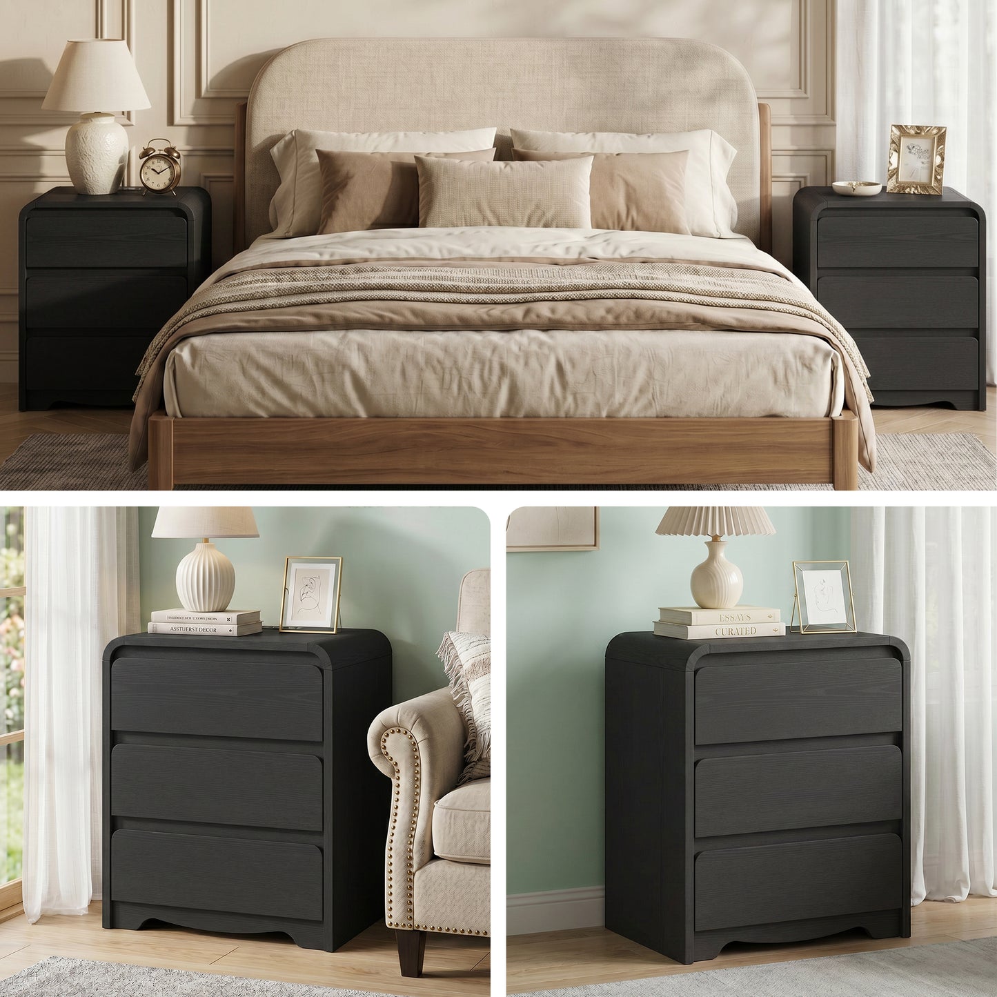3 Drawers Modern Nightstand with Charging Station, Bedside Table for Bedroom and Living Room, Large Storage End Table with Curved Design, Black
