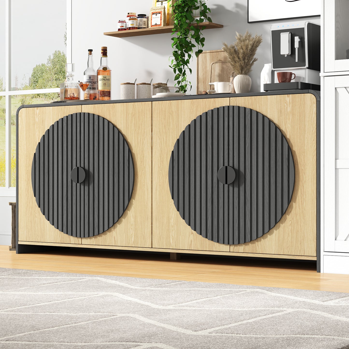 65" Large Sideboard Buffet Cabinet with Adjustable Shelves – Modern Farmhouse Coffee Bar & Dining Room Storage, Solid Wood Kitchen Table with Doors (Black)