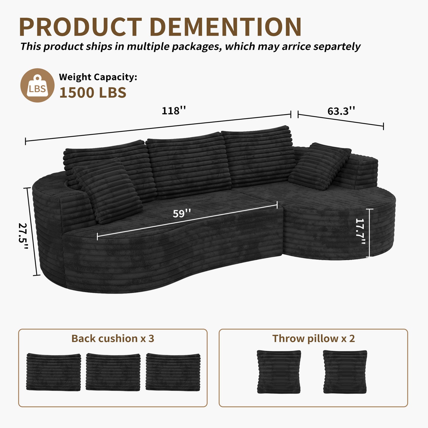 118" Curved Modular Cloud Couch, L-Shape Chaise Sectional Sofa with Plush Deep Seat, Soft Corduroy Upholstered Boneless Sofa for Living Room, No Assembly Needed, Black