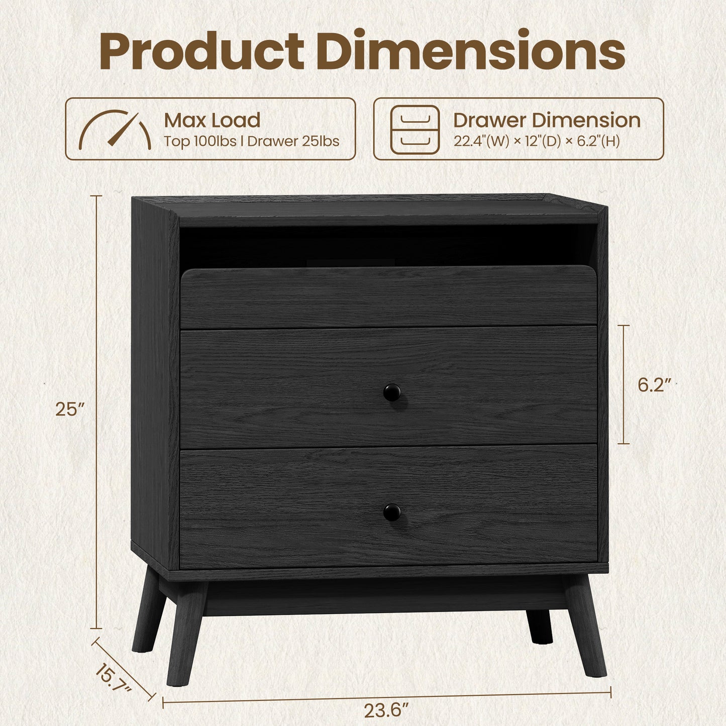 NEGYLIM 3-Drawer Nightstand with Hidden Charging Station, Wood Bedside Table 25" Height x 24" Width, Bedroom Furniture End Table, Black 1-Pcs