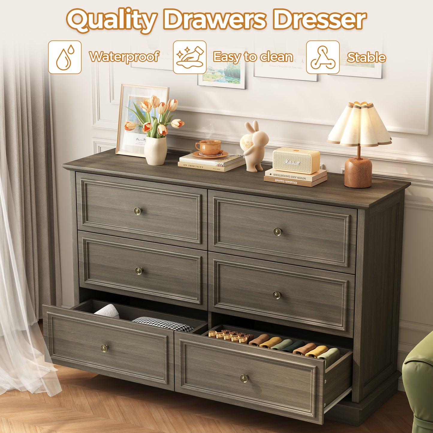 6 Drawer Chest of Drawers, Modern Storage Cabinet Dresser Organizer Unit with Antique Bronze Round Handles for Living Room, Closet, Hallway, Entryway
