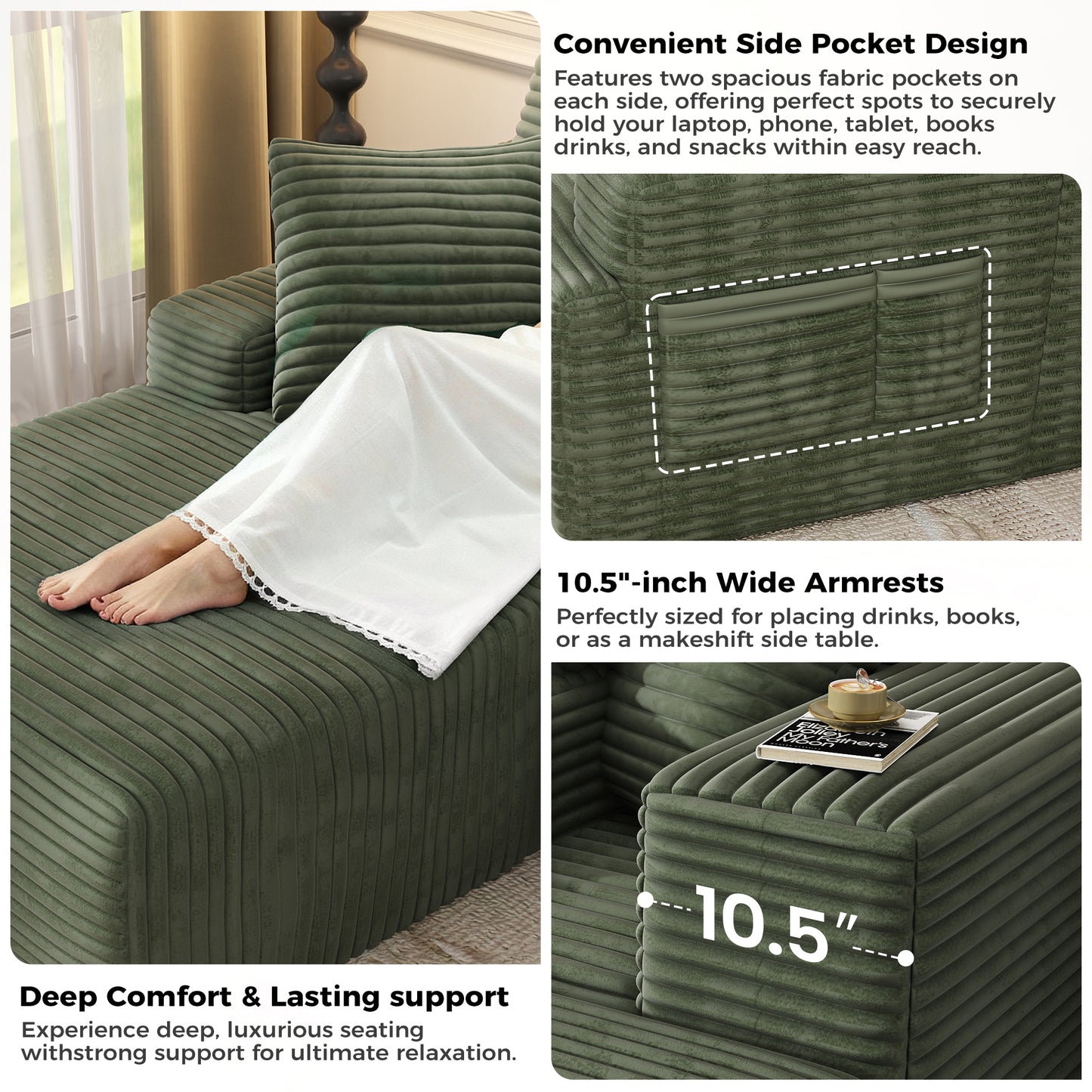 104" Modular L-Shaped Sectional Sofa, No Assembly Required Boneless Sofa with Chaise, High Resilience Foam & Corduroy Fabric, for Living Room Bedroom,(Sage Green)