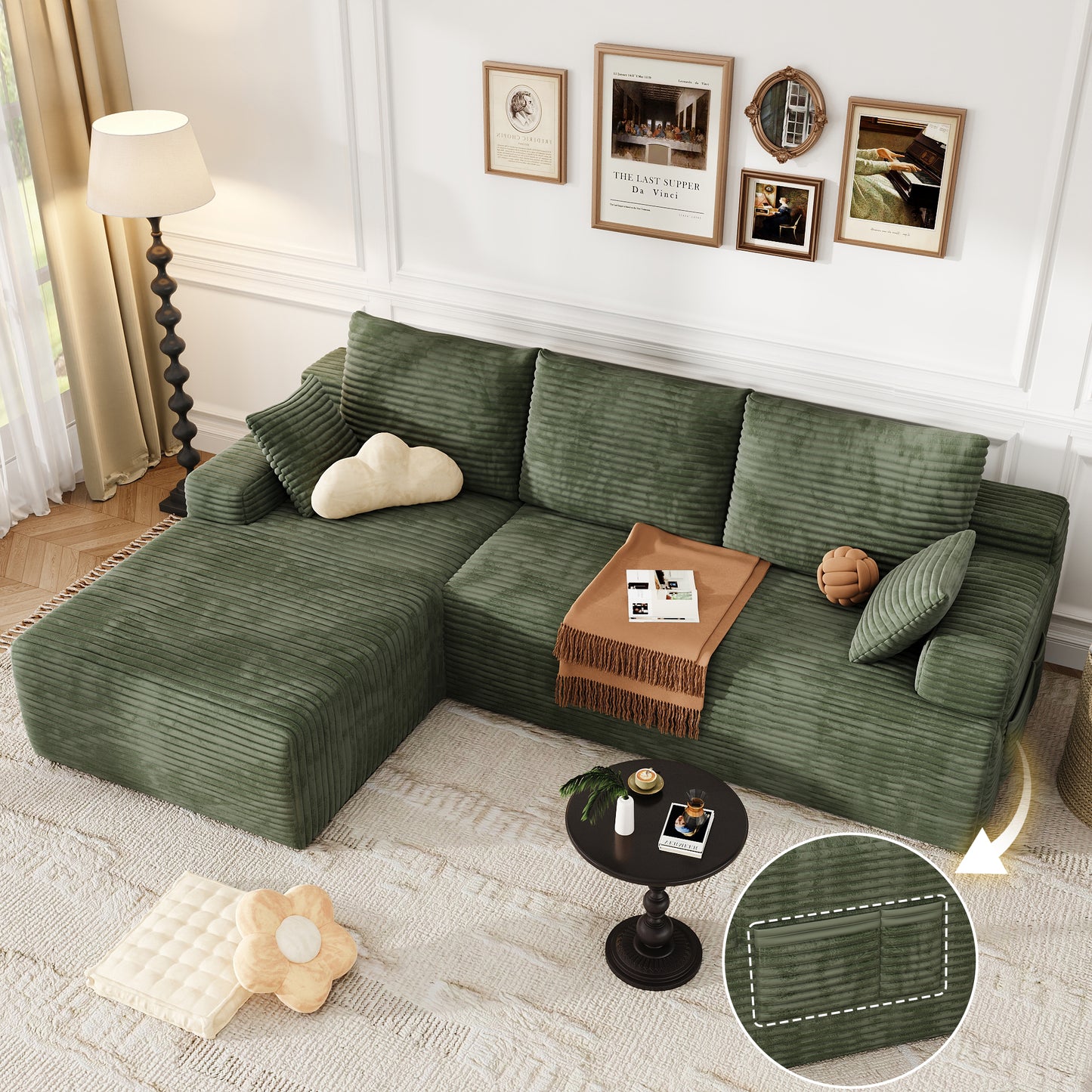 Oversized Sofa Ottoman Footrest, Matching Cushion for L-Shaped Sofa to Create U-Shaped Sectional , Large Seat Stool, High Resilience Foam & Corduroy Fabric, for Living Room Bedroom, (Sage Green)