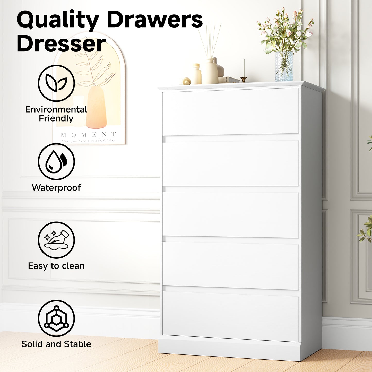 5 Drawer Dresser for Bedroom, 15.8" D x 27.6" W x 48.4" H in Simply Modern Chest of Drawers, Wood Storage Dresser with Deep Drawers for Living Room Hallway Entryway, White