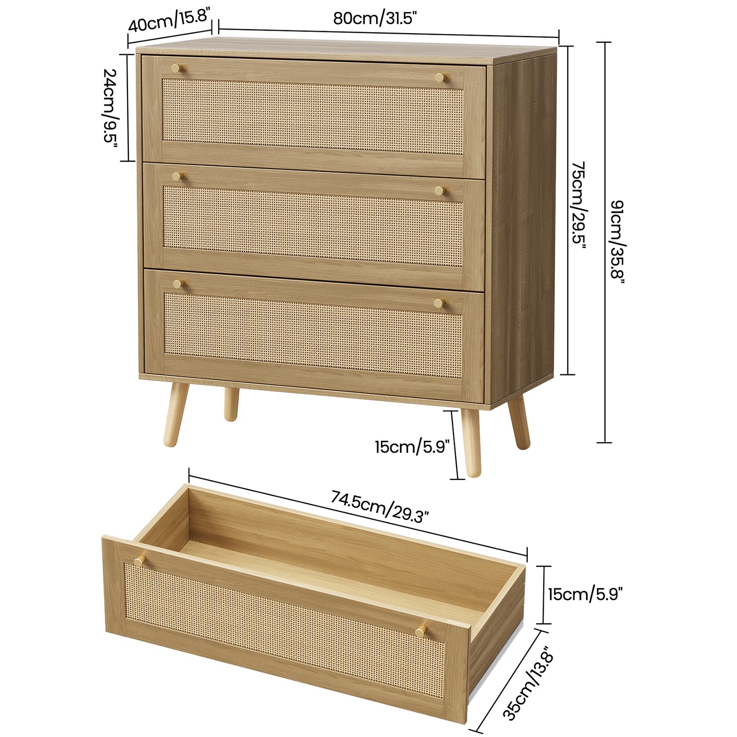 Wood Color Dresser for Bedroom, Farmhouse Rattan Dressers, 3 Drawers Dressers Chest for Bedroom Hallway Living Room