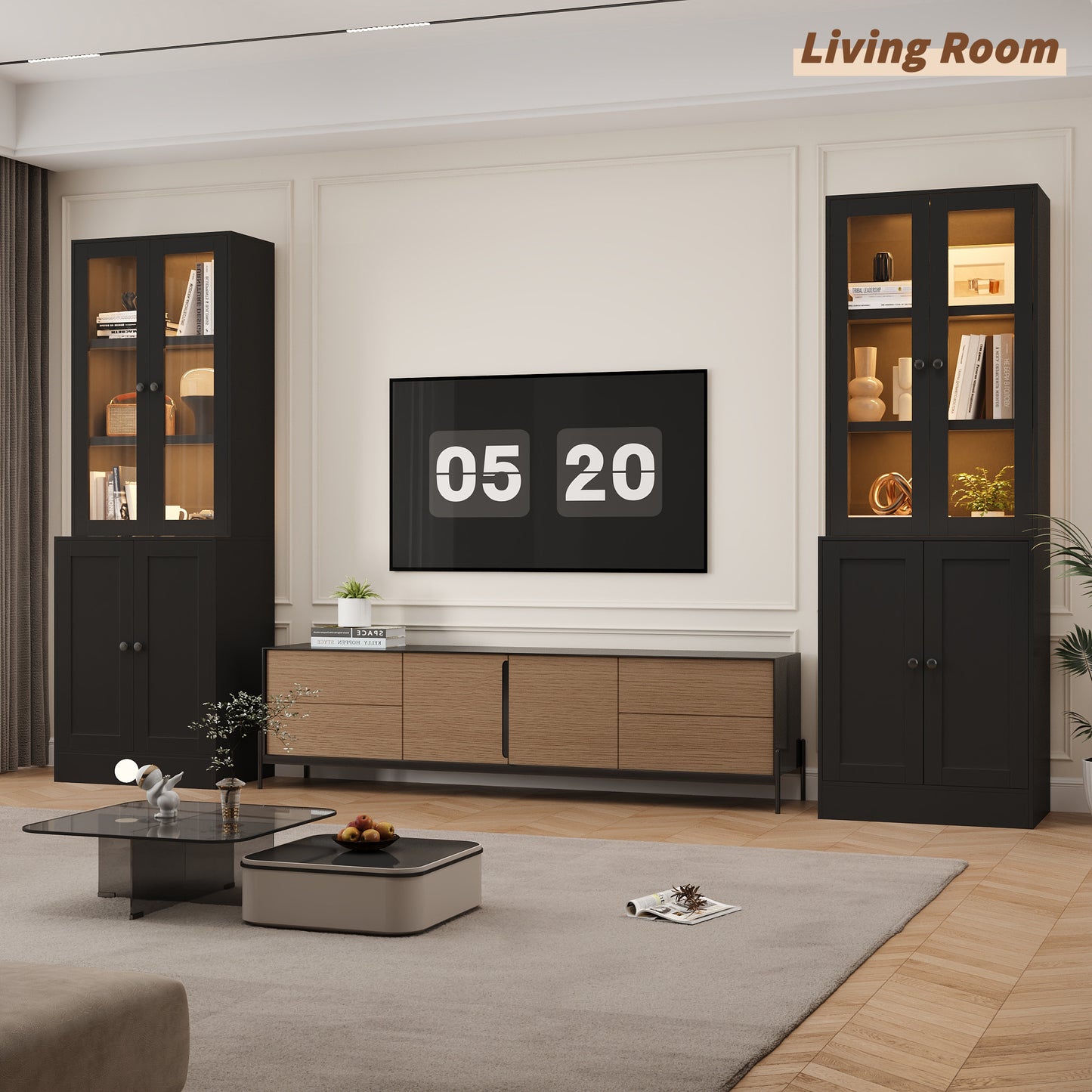 2Pcs 71" Bookshelf with Storage, Modern Bookshelves with 3 Large Drawer, Display Bookcase with Glass Doors, Modern DIY Mix Cabinet for Home Office, Dining Room (Black, BA)