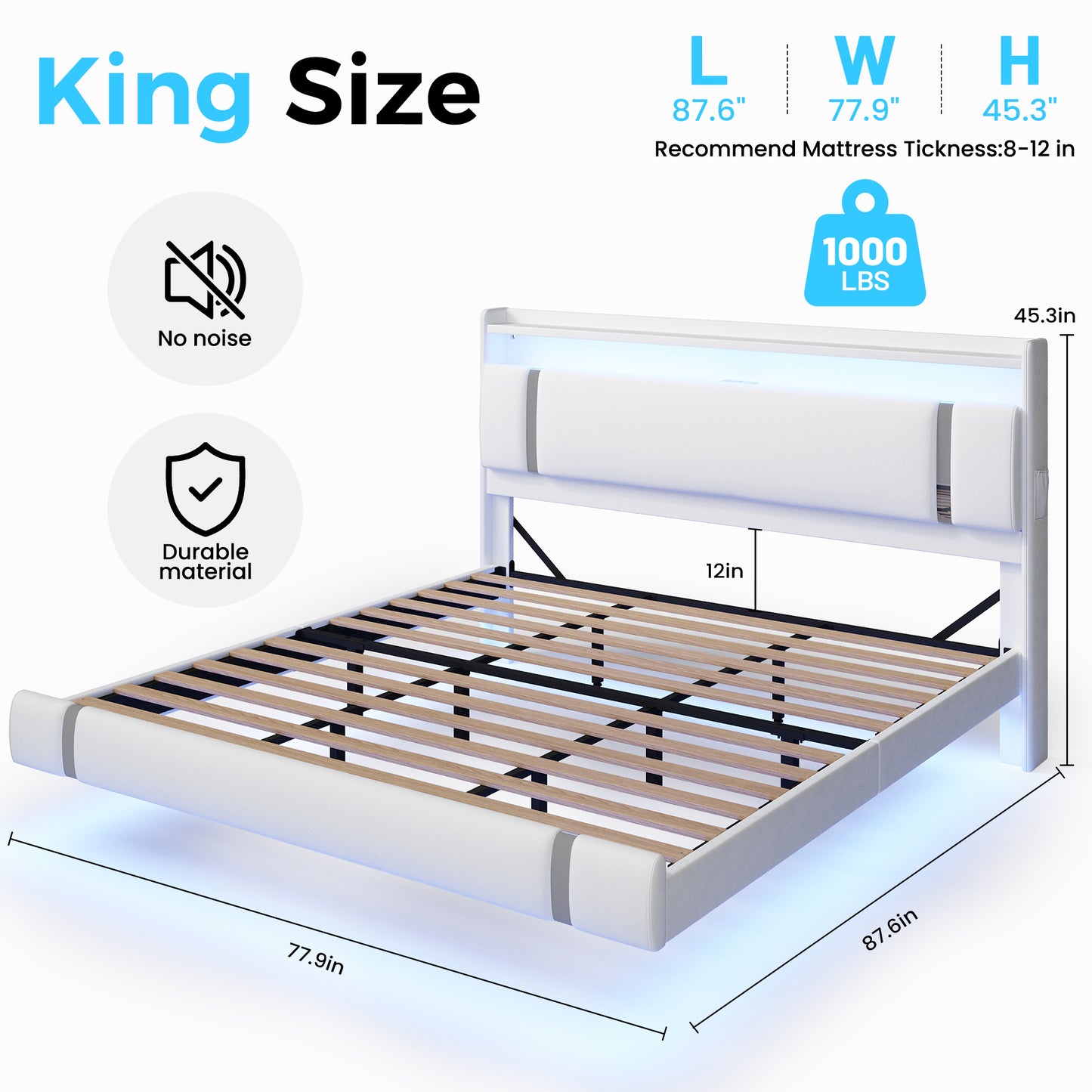 NEGYLIM Floating Bed Frame King Size with LED Lights, Easy to Assemble, Metal Platform Bed with Storage Headboard, No Box Spring Needed, White