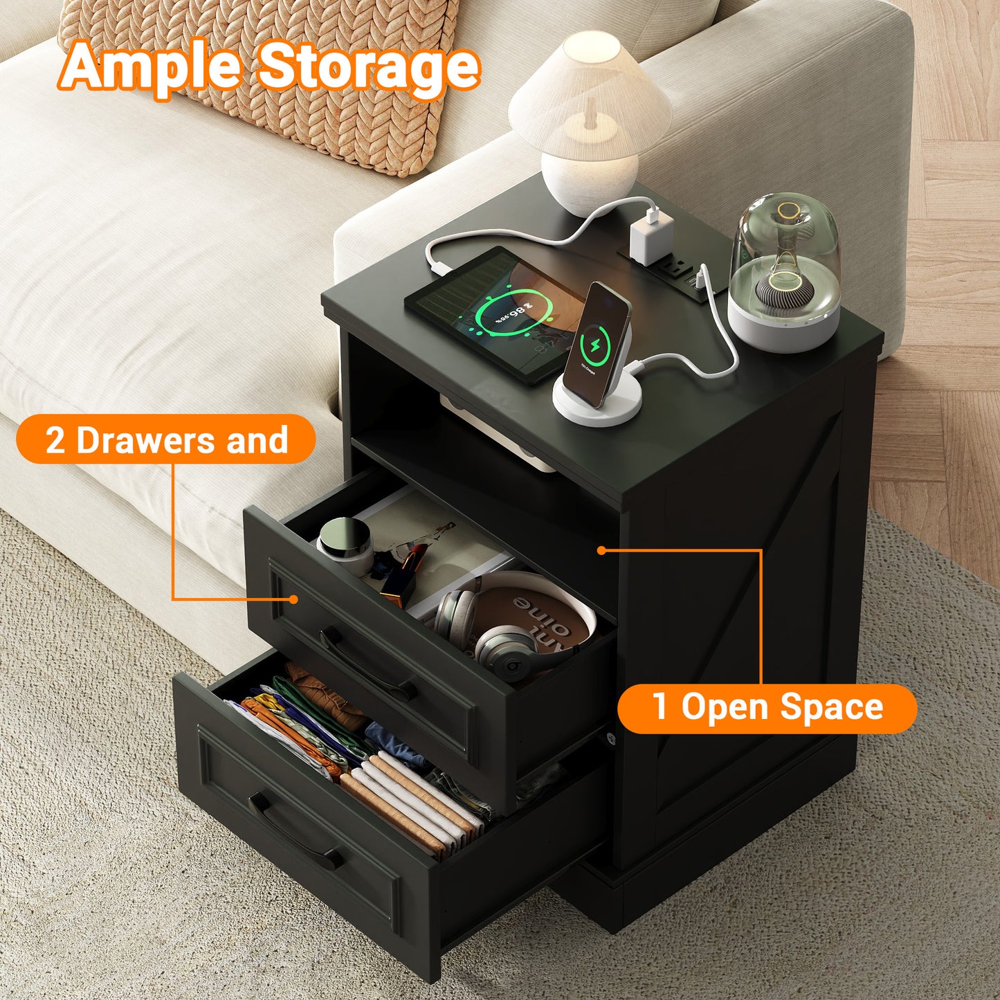 NEGYLIM 2-Piece Nightstand, Farmhouse End Table with Charging Station, 2 Drawers Storage for Bedroom