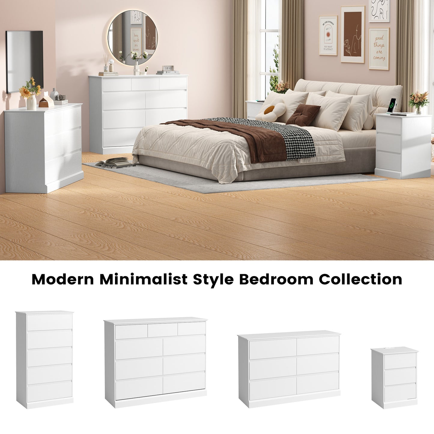 9 Drawers Dresser for Bedroom, Wood Chest of Drawers, Wide Closet Storage Dressers Organizer for Hallway, TV Stand for Living Room, White