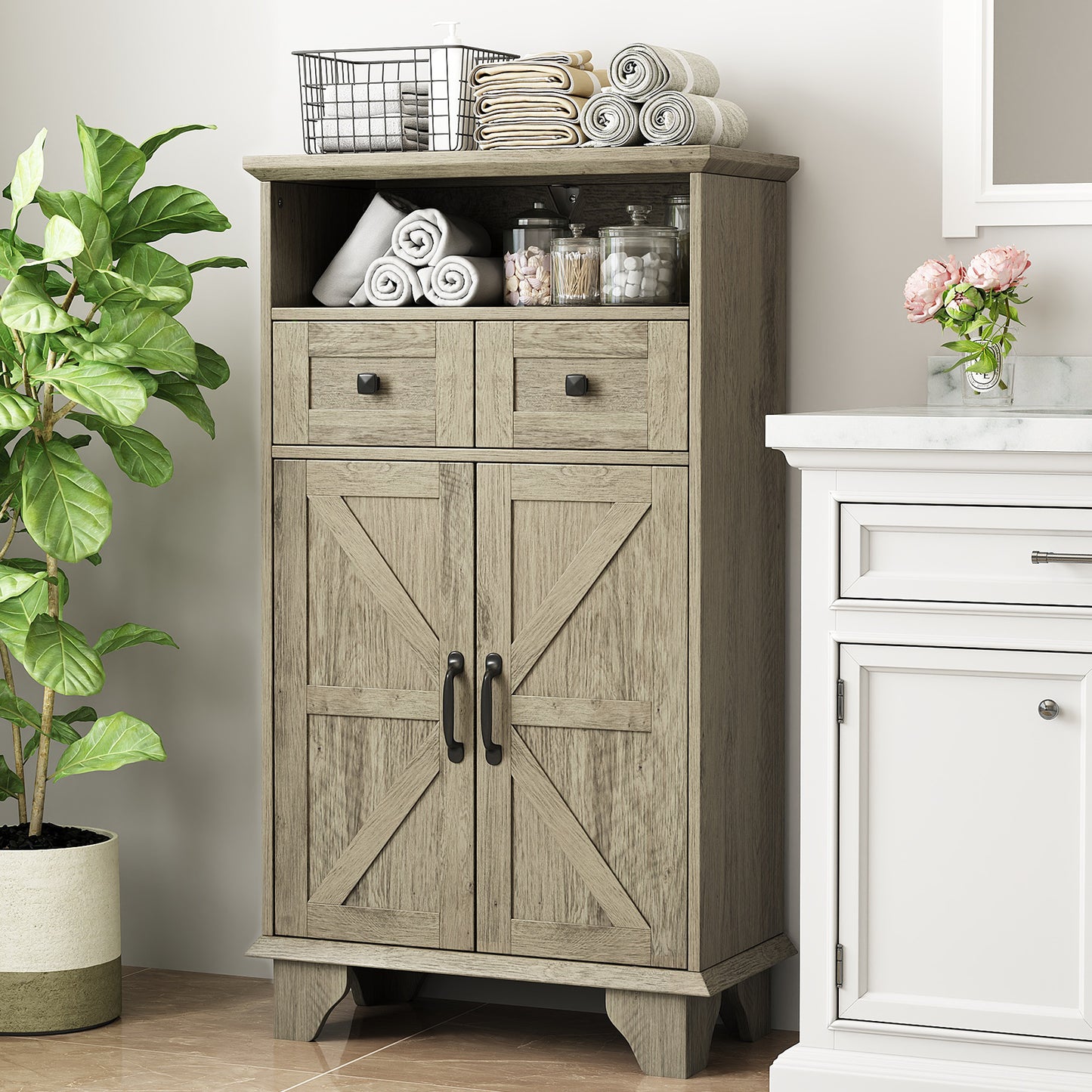 Bathroom Storage Cabinet, Farmhouse Bathroom Floor Cabinet freestanding with Doors and Drawers, 41.3"H Bathroom Organizer with Adjustable Shelf, Wood Grain