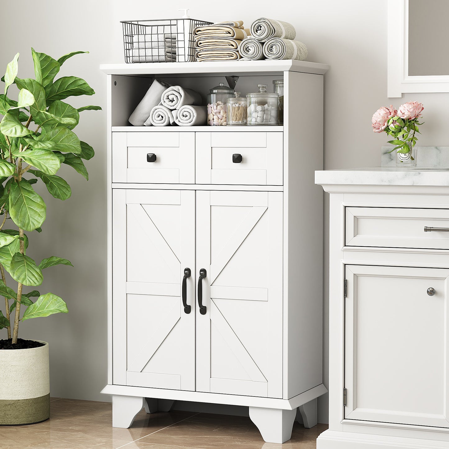 Bathroom Storage Cabinet, Farmhouse Bathroom Floor Cabinet freestanding with Doors and Drawers, 41.3"H Bathroom Organizer with Adjustable Shelf, White