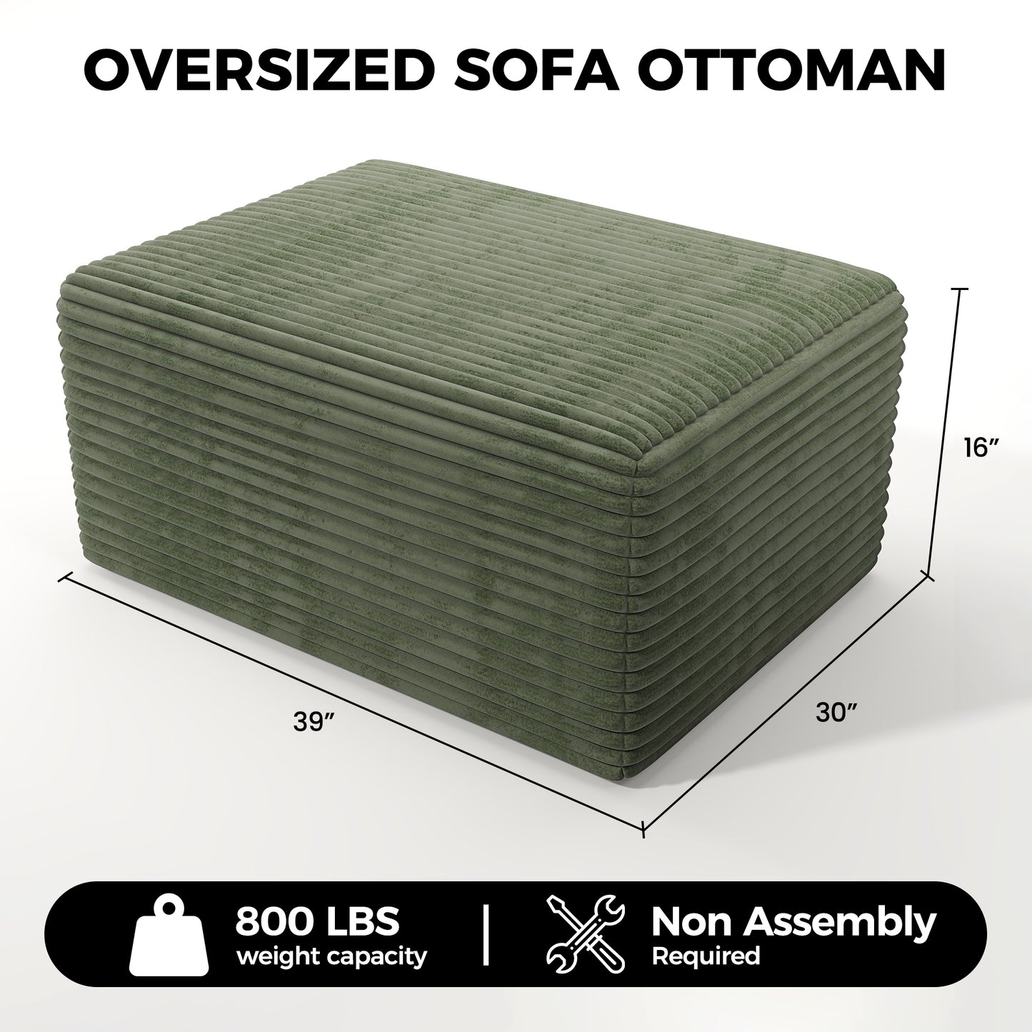 Large Oversized Ottoman Bench for Living Room, Extra Seating & Coffee Table for Sofa, Plush Corduroy Pouf Footrest, No Assembly Needed, Rectangle Floor Ottoman, (Sage Green)