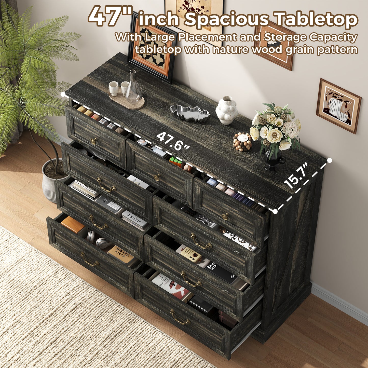 NEGYLIM 9 Drawers Dresser for Bedroom Dressers & Chest of Drawers with Vintage Handles,Long Wooden Dresser for Living Room,Hallway,Study(Dark Rustic Oak)