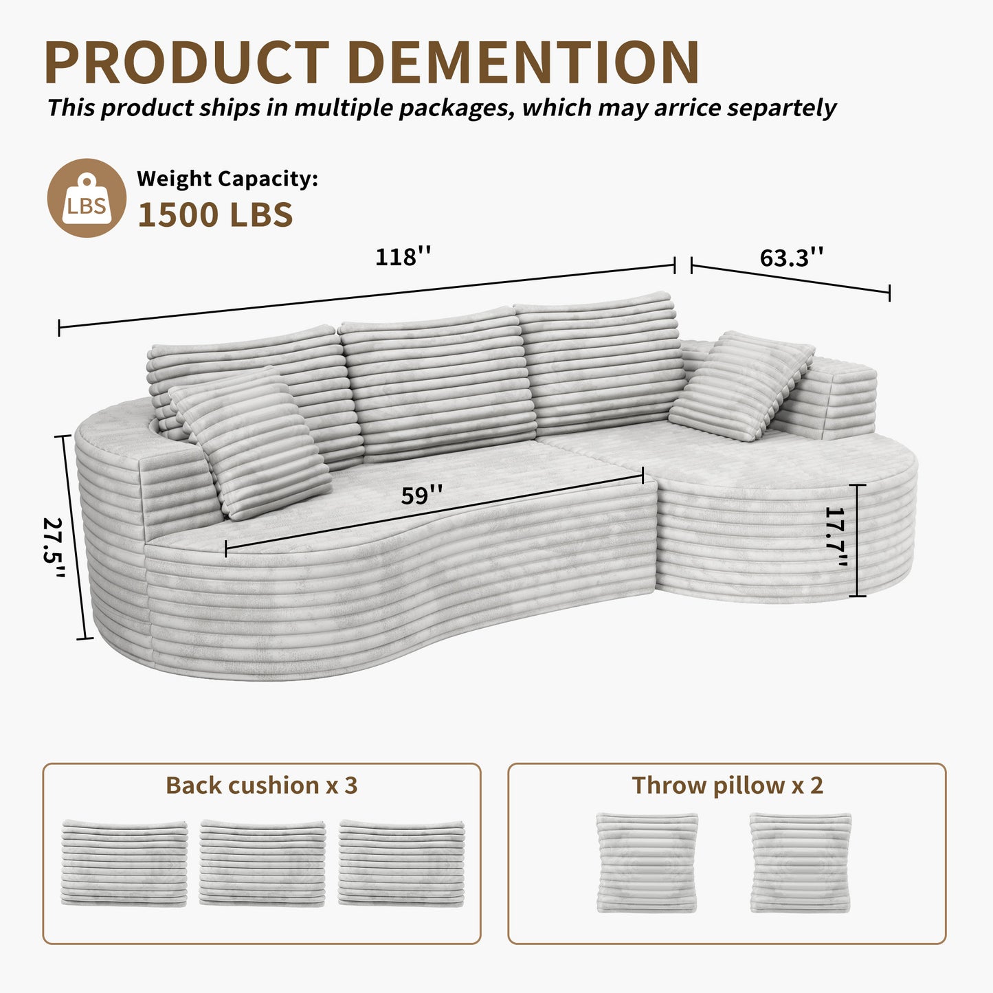 118” Round Curved Modular Sectional Sofa, Cloud Deep Seat Sectional Couch, Modern L-Shape Sofa with Chaise Lounge, Upholstered Boneless Curved Couches for Living Room(Deep Gray)
