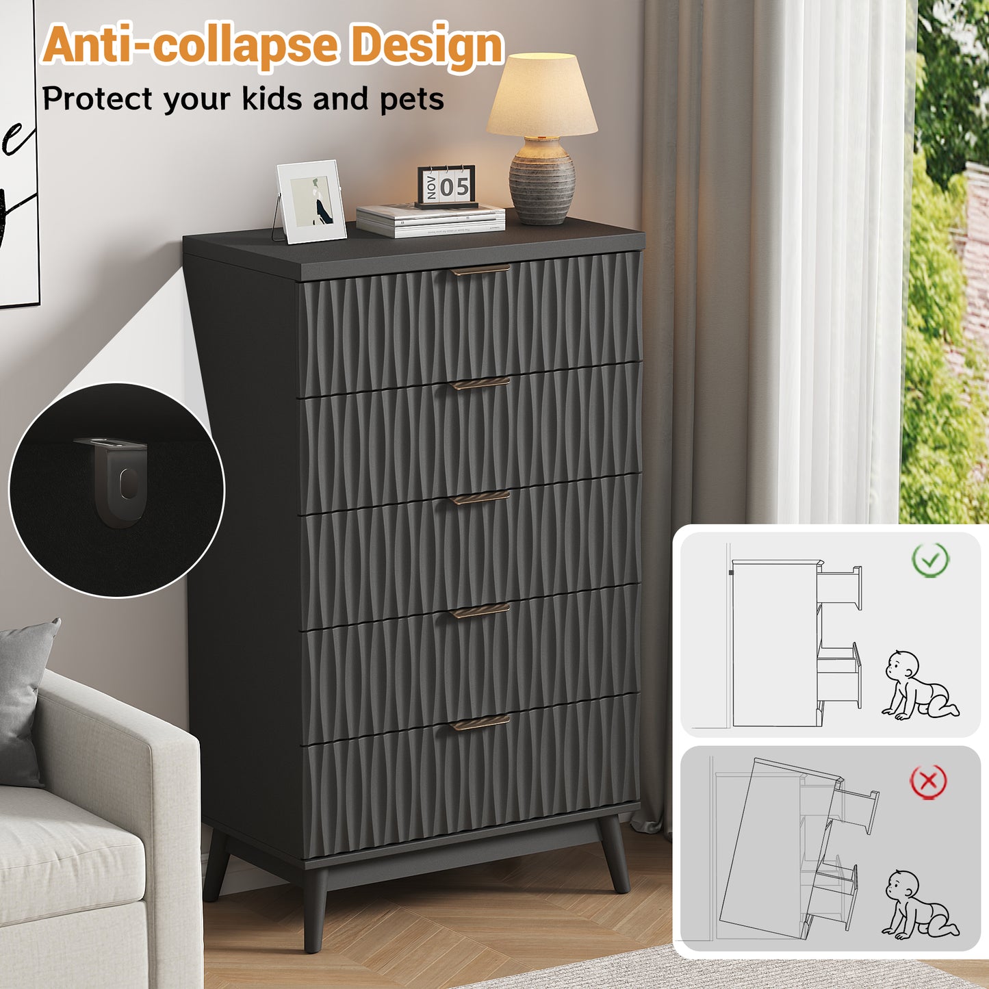 NEGYLIM 5 Drawer Dresser for Bedroom, 47"H Fluted Dresser Modern Chest of Drawers with Metal Handle, Anti-collapse for Living Room, Hallway
