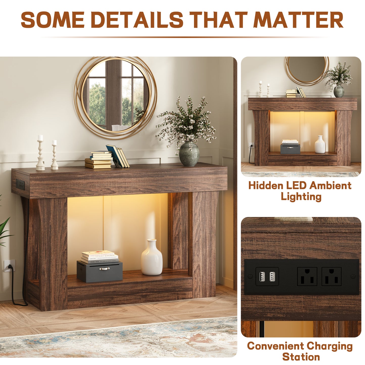47" Console Table with Charging Station, Farmhouse Natural Entryway & Hallway Table for Living Room & Bedroom, Brown