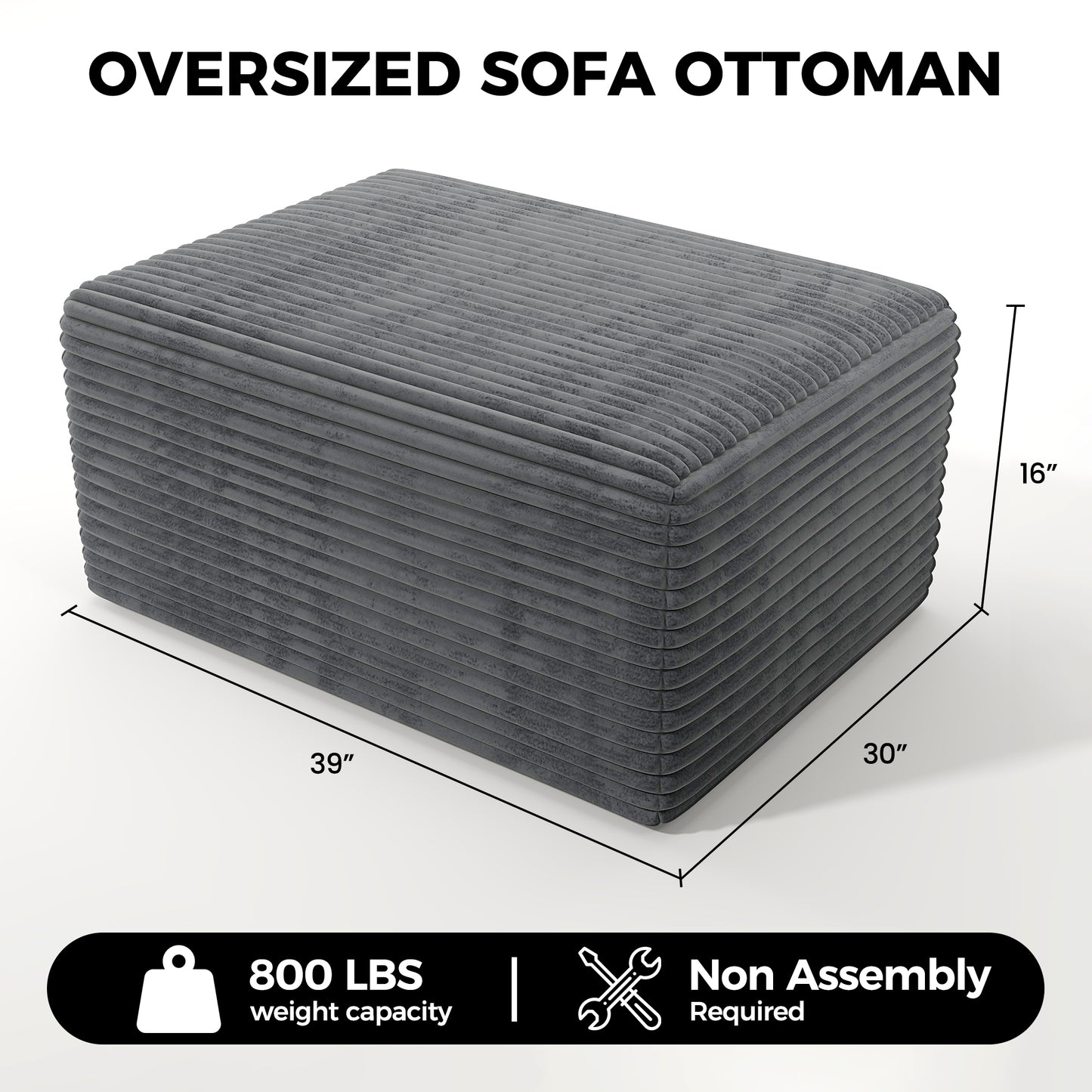 Oversized Sofa Ottoman Footrest, Matching Cushion for L-Shaped Sofa to Create U-Shaped Sectional , Large Seat Stool, High Resilience Foam & Corduroy Fabric, for Living Room Bedroom, (Charcoal)