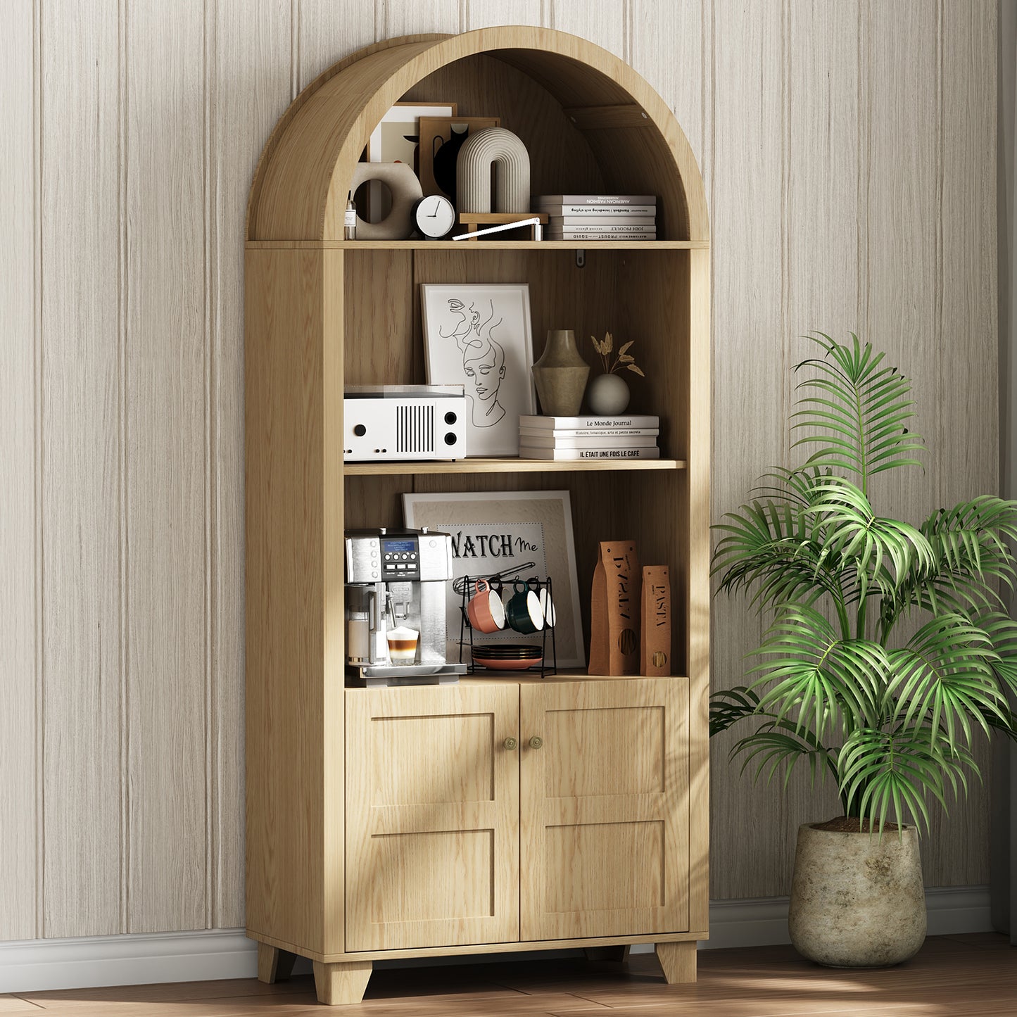 70'' Tall Arched Cabinet, Arched Kitchen Pantry Cabinet with 2 Doors and 5shelves, Open Storage Cabinets Display Bookcase, Versatile Cupboard for Living Room(Wood color)